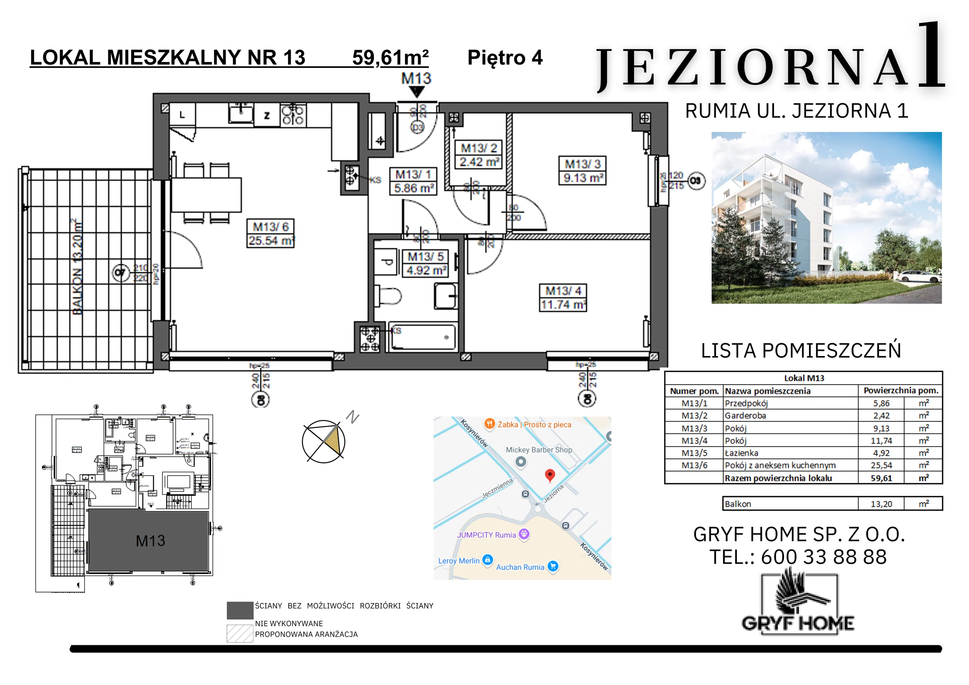 3 pokoje, mieszkanie 59,61 m², piętro 4, oferta nr 13, Jeziorna, Rumia, ul. Jeziorna 1