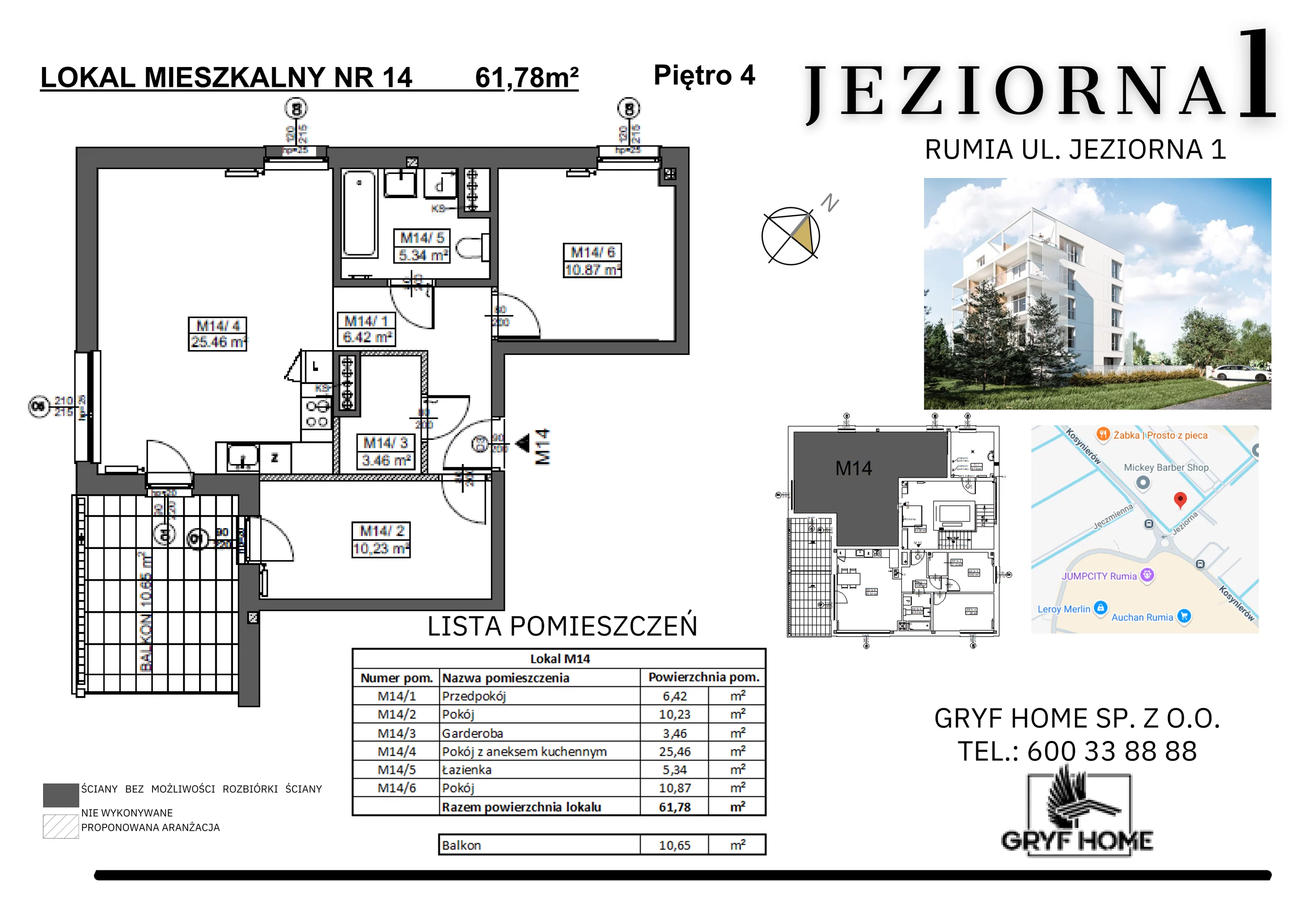 4 pokoje, mieszkanie 61,78 m², piętro 4, oferta nr 14, Jeziorna, Rumia, ul. Jeziorna 1