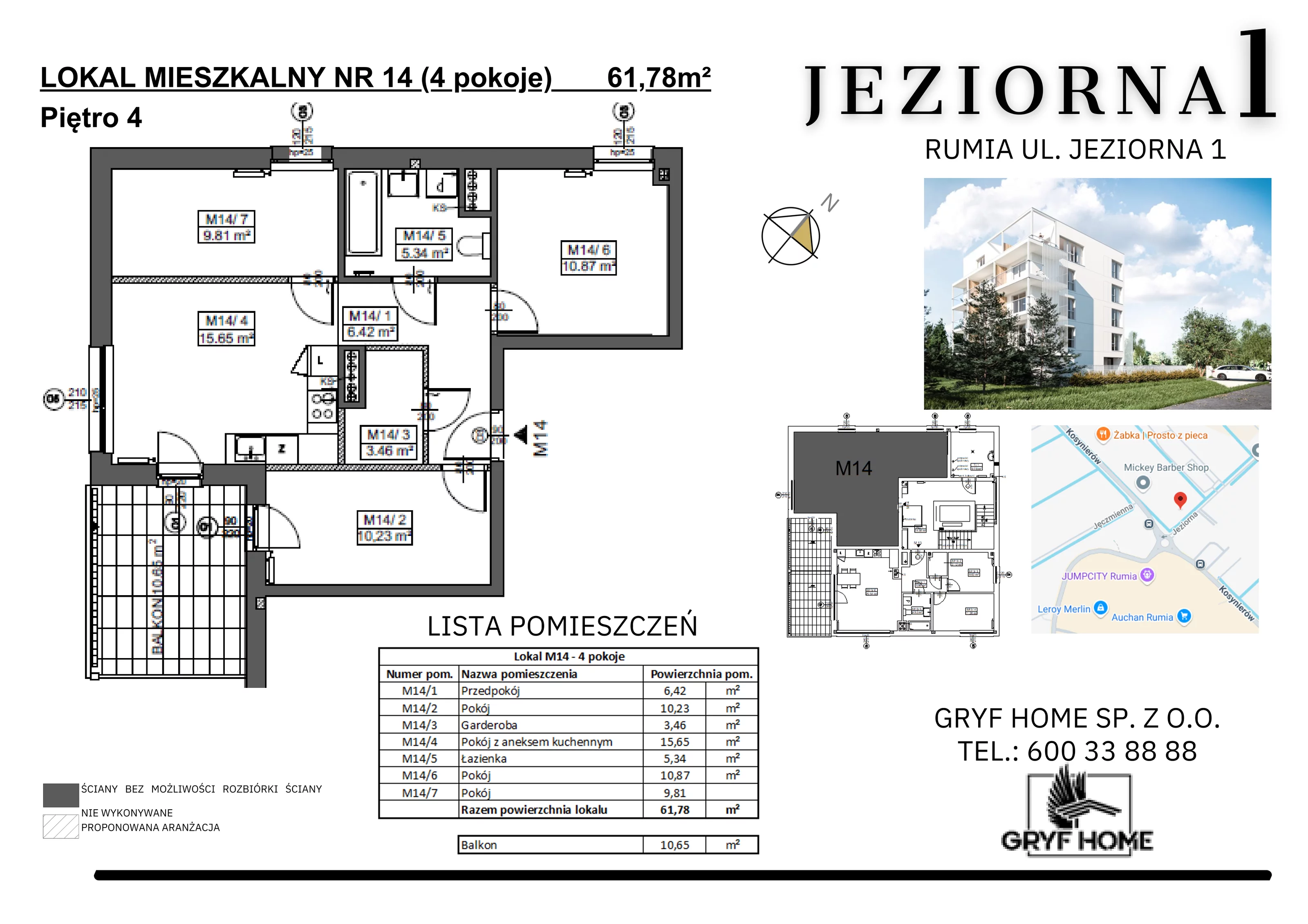 4 pokoje, mieszkanie 61,78 m², piętro 4, oferta nr 14, Jeziorna, Rumia, ul. Jeziorna 1