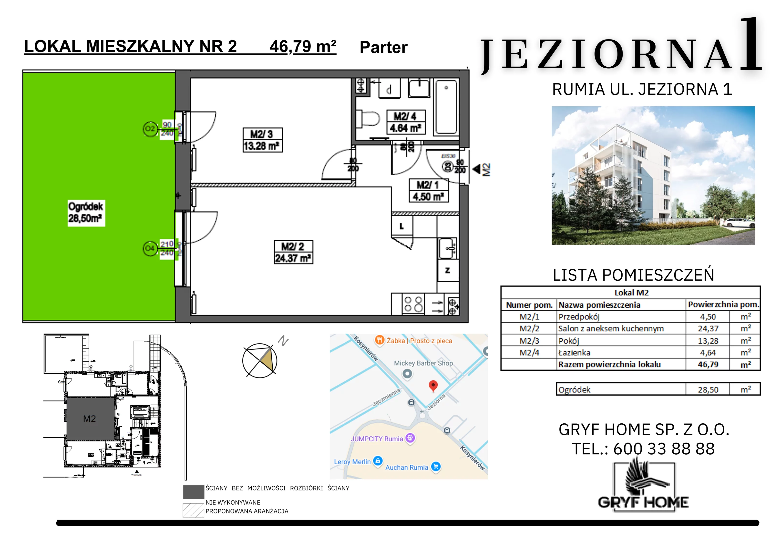 2 pokoje, mieszkanie 46,79 m², parter, oferta nr 2, Jeziorna, Rumia, ul. Jeziorna 1