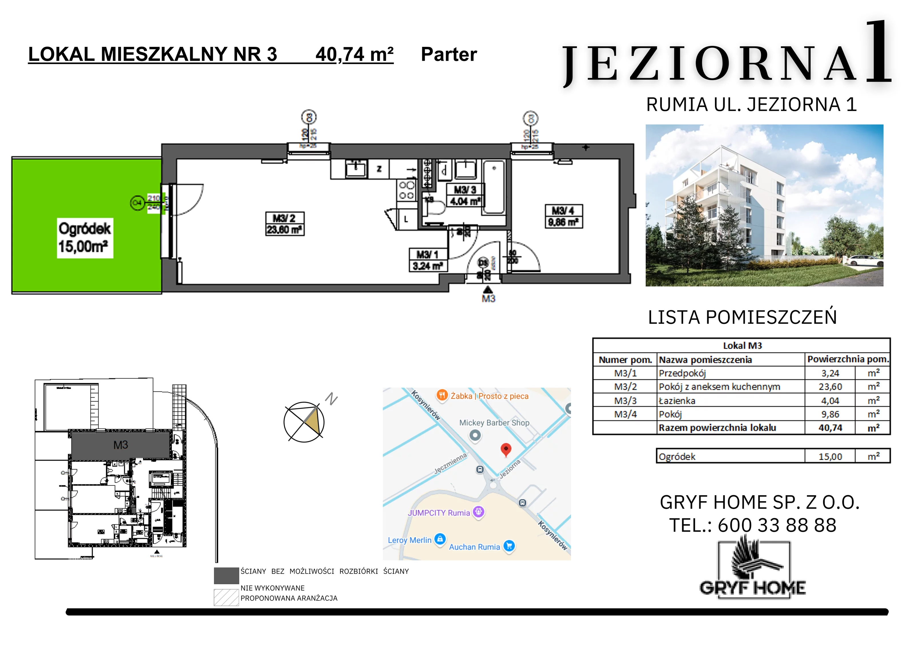 2 pokoje, mieszkanie 40,74 m², parter, oferta nr 3, Jeziorna, Rumia, ul. Jeziorna 1