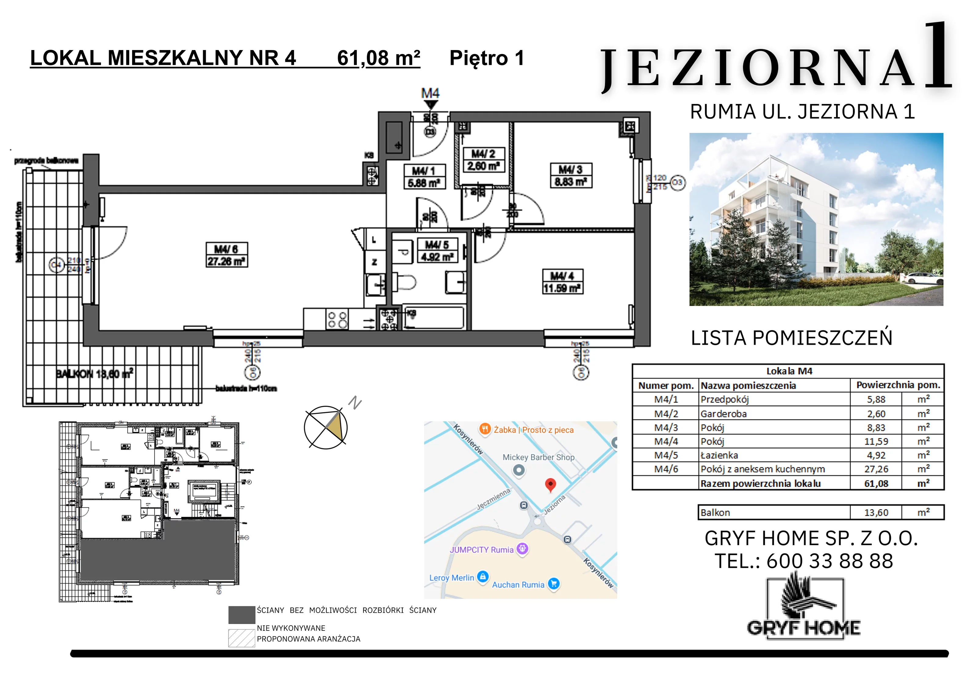 4 pokoje, mieszkanie 61,08 m², piętro 1, oferta nr 4, Jeziorna, Rumia, ul. Jeziorna 1