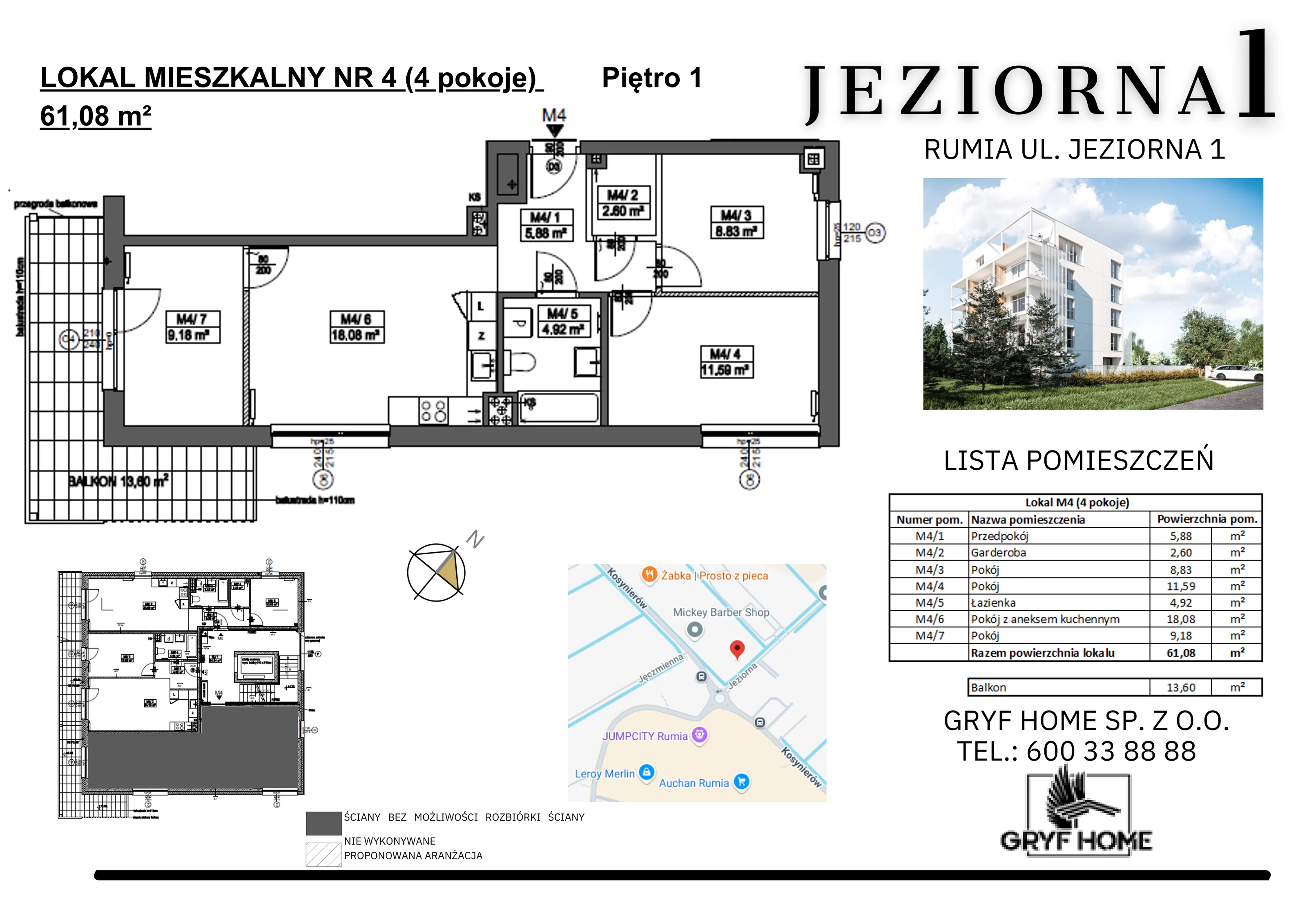 4 pokoje, mieszkanie 61,08 m², piętro 1, oferta nr 4, Jeziorna, Rumia, ul. Jeziorna 1