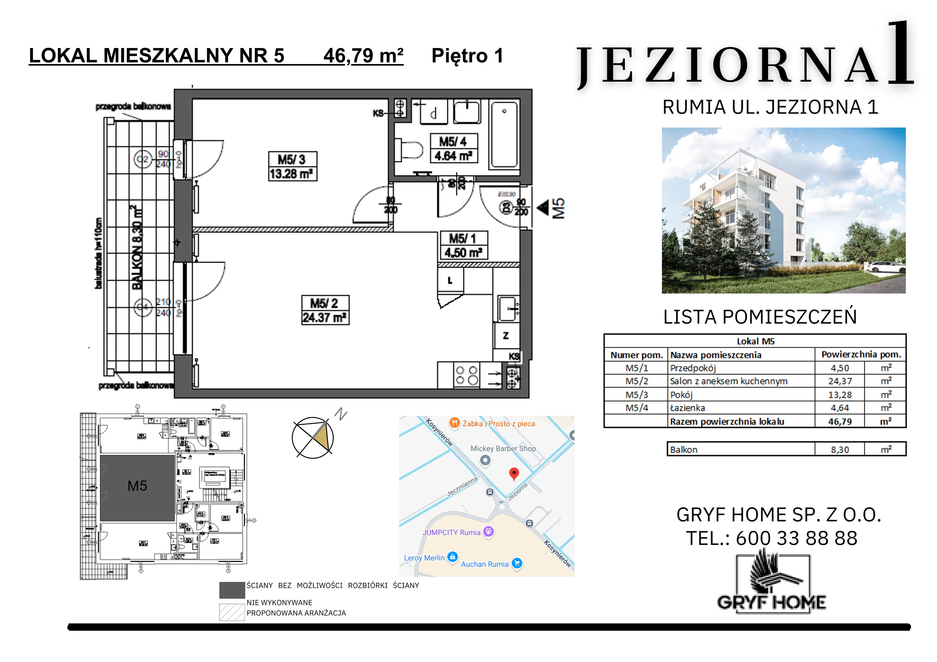 2 pokoje, mieszkanie 46,79 m², piętro 1, oferta nr 5, Jeziorna, Rumia, ul. Jeziorna 1