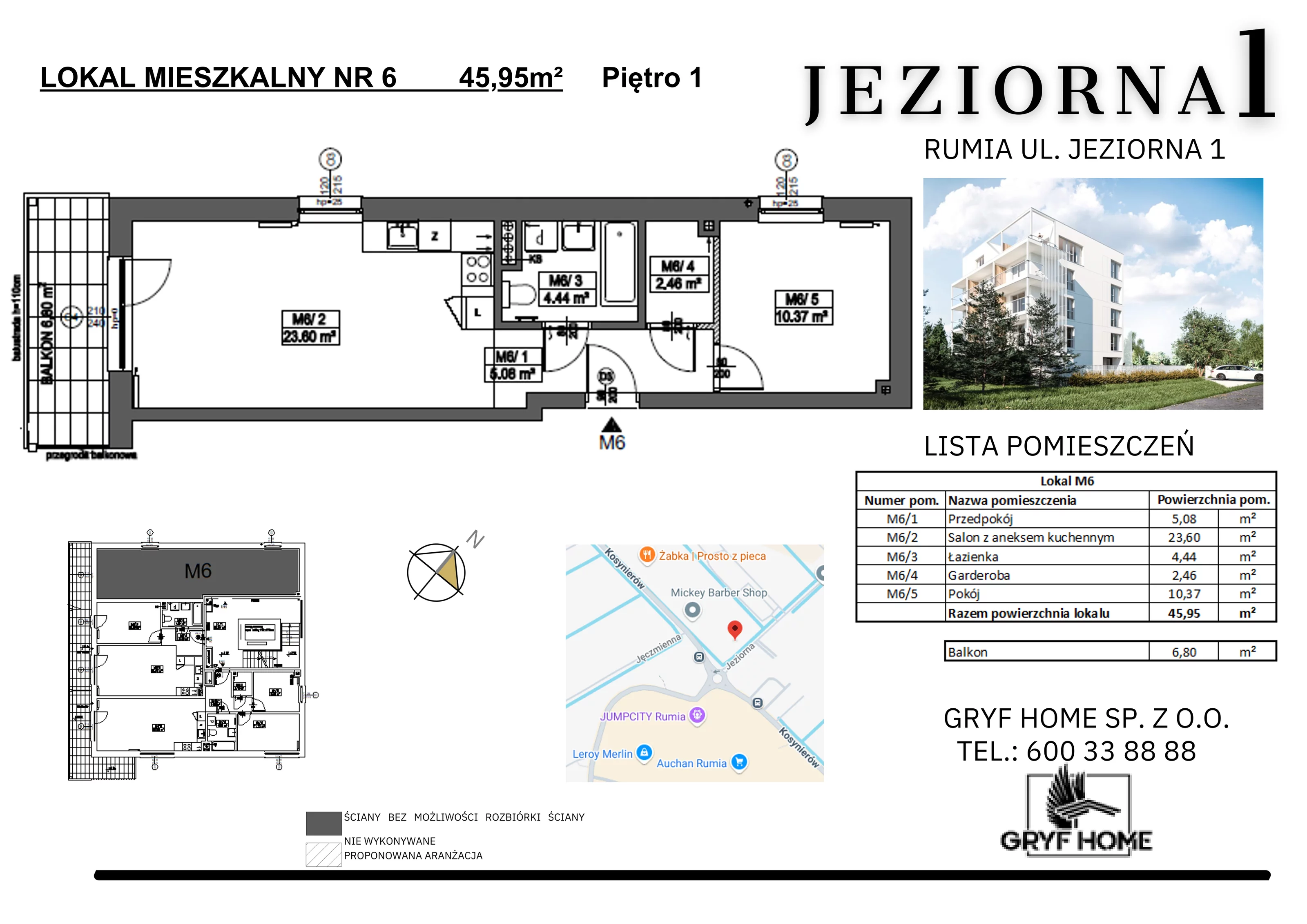 2 pokoje, mieszkanie 45,95 m², piętro 1, oferta nr 6, Jeziorna, Rumia, ul. Jeziorna 1