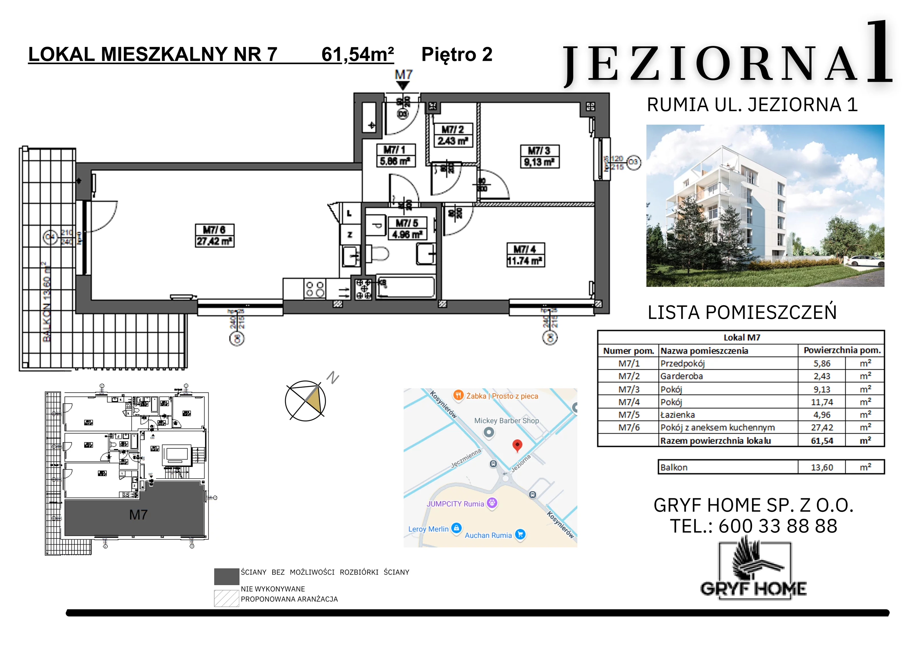 3 pokoje, mieszkanie 61,54 m², piętro 2, oferta nr 7, Jeziorna, Rumia, ul. Jeziorna 1