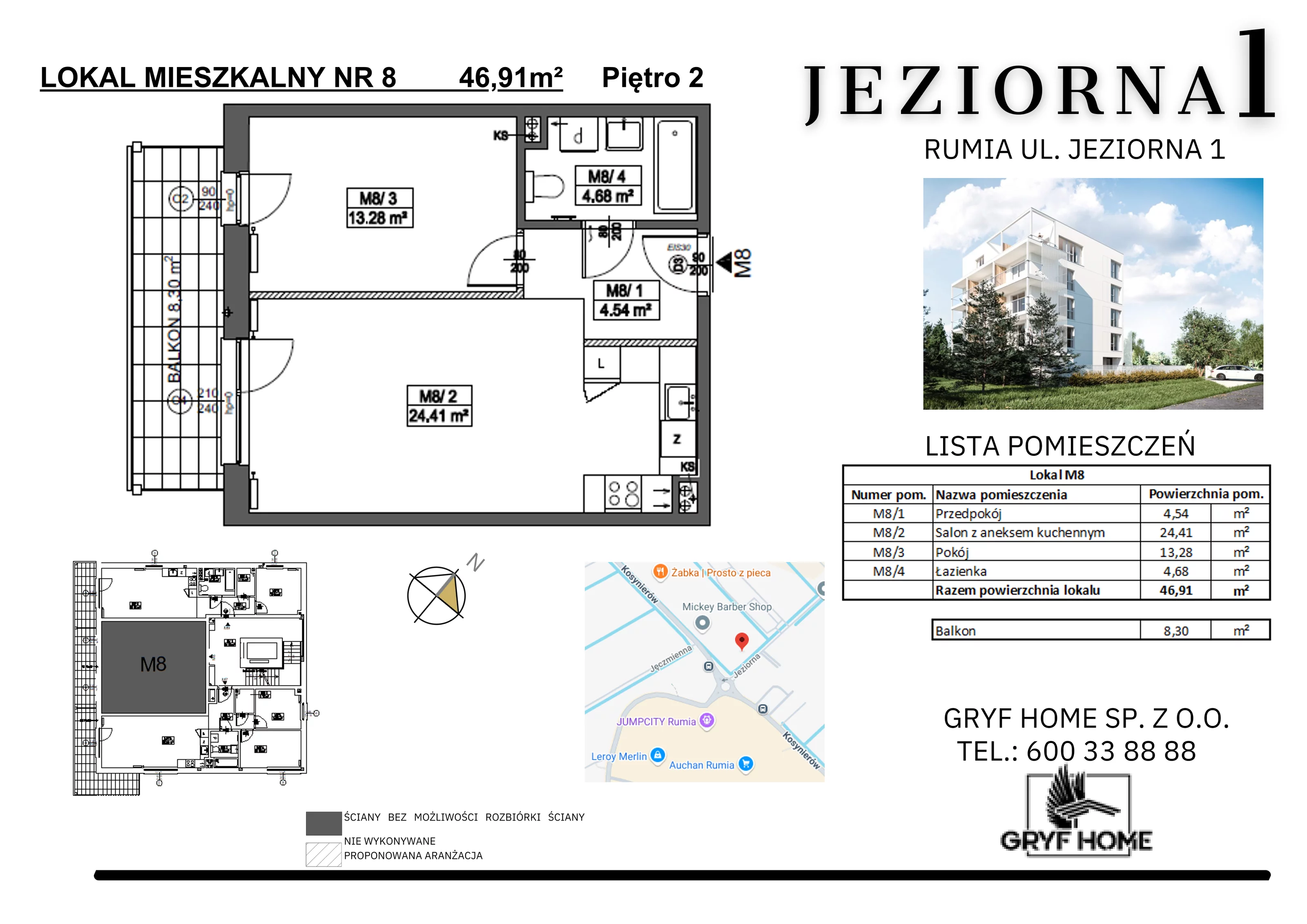 2 pokoje, mieszkanie 46,91 m², piętro 2, oferta nr 8, Jeziorna, Rumia, ul. Jeziorna 1