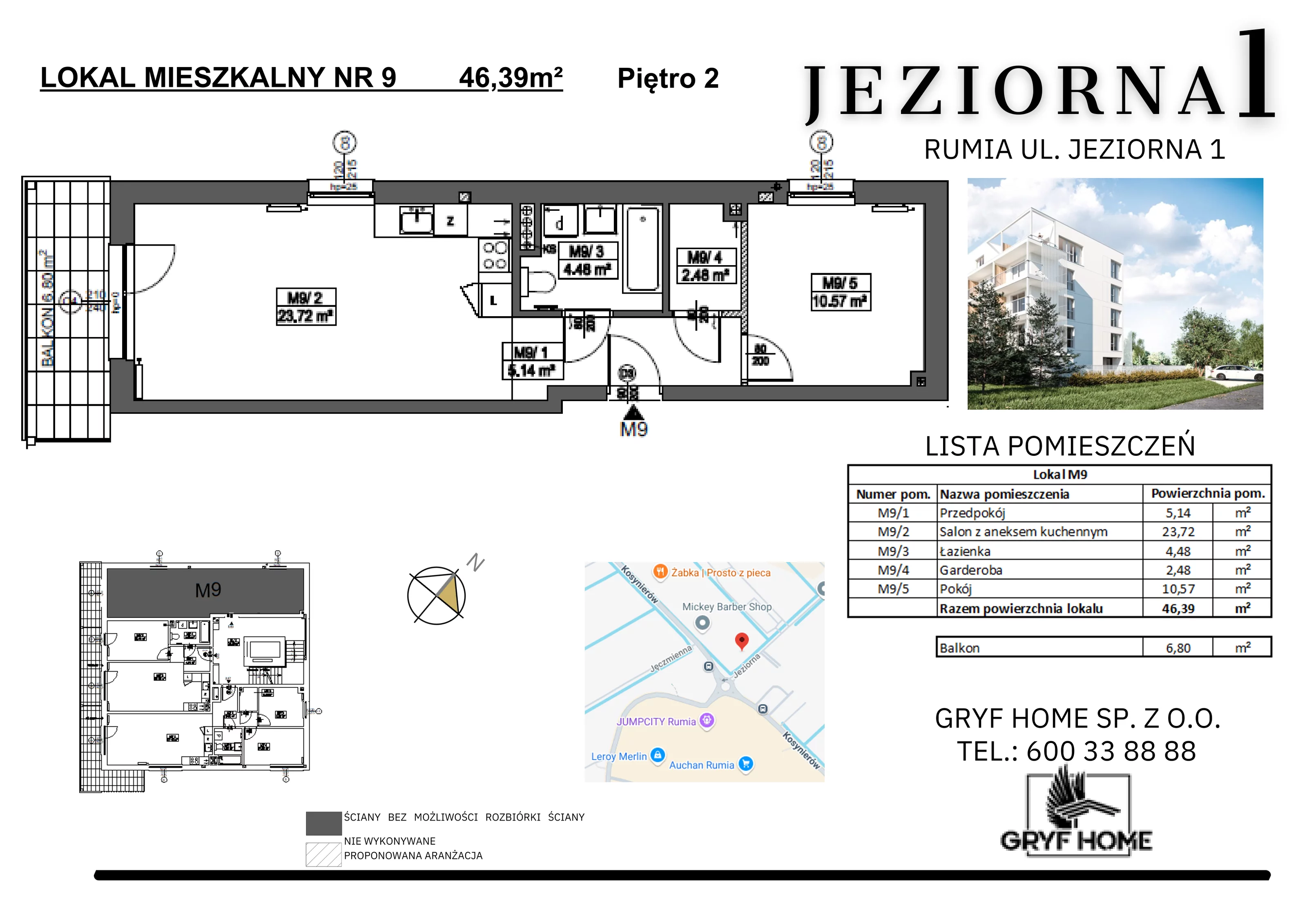 2 pokoje, mieszkanie 46,39 m², piętro 2, oferta nr 9, Jeziorna, Rumia, ul. Jeziorna 1