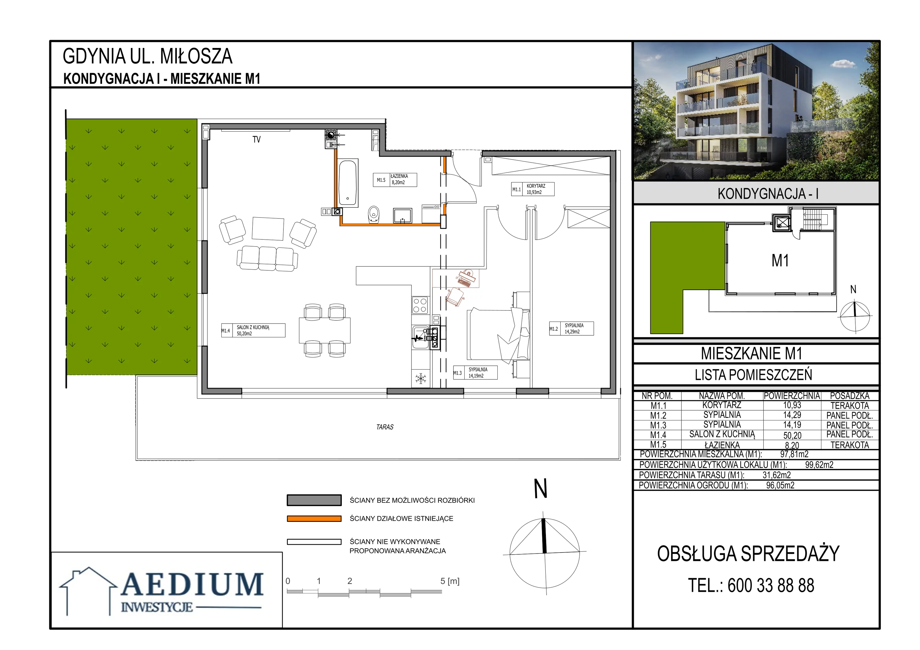 3 pokoje, mieszkanie 97,81 m², parter, oferta nr 1, Miłosza, Gdynia, Redłowo, ul. Czesława Miłosza