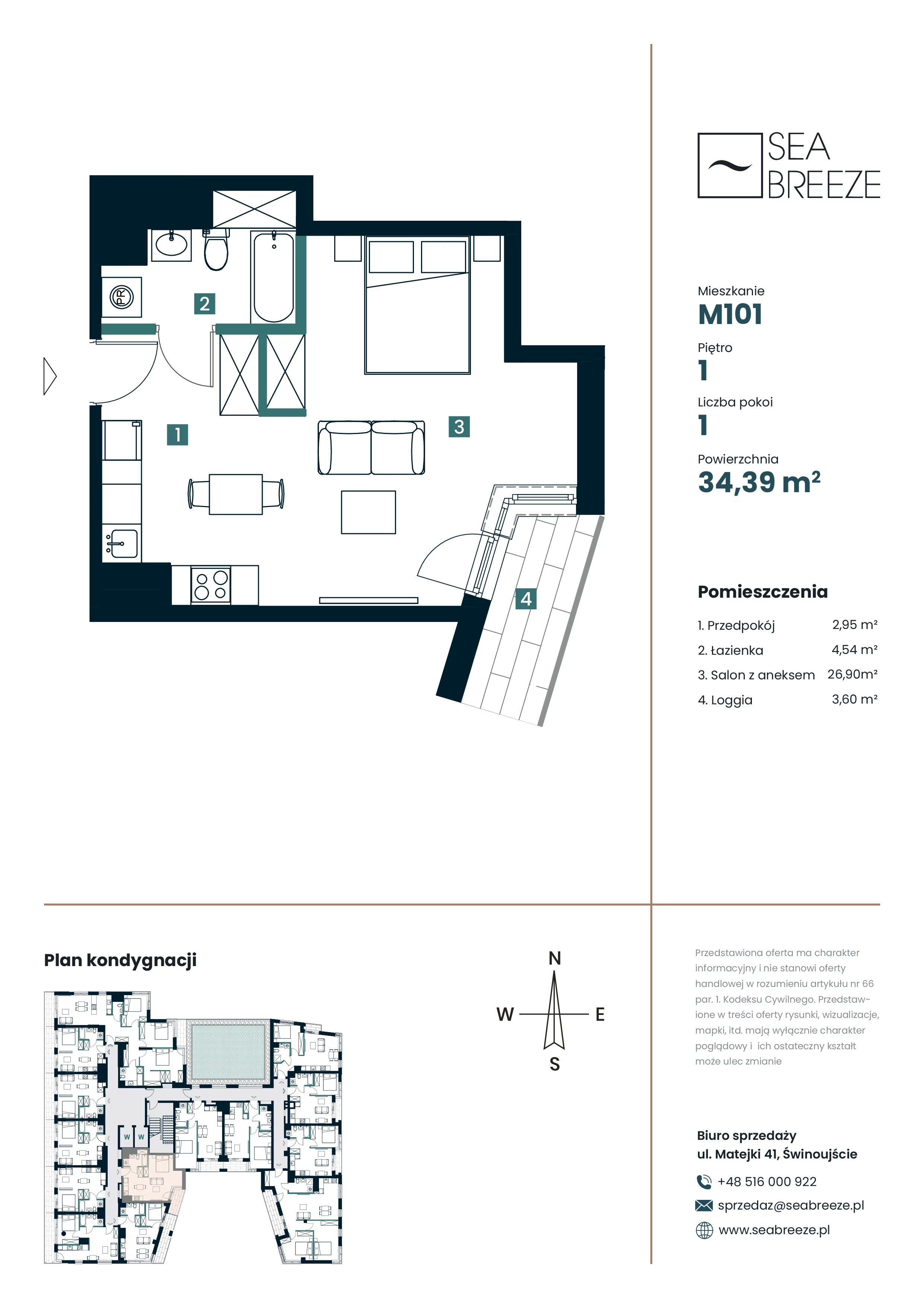 1 pokój, apartament 34,39 m², piętro 1, oferta nr M101, SeaBreeze, Świnoujście, Osiedle Matejki, ul. Jana Matejki 41