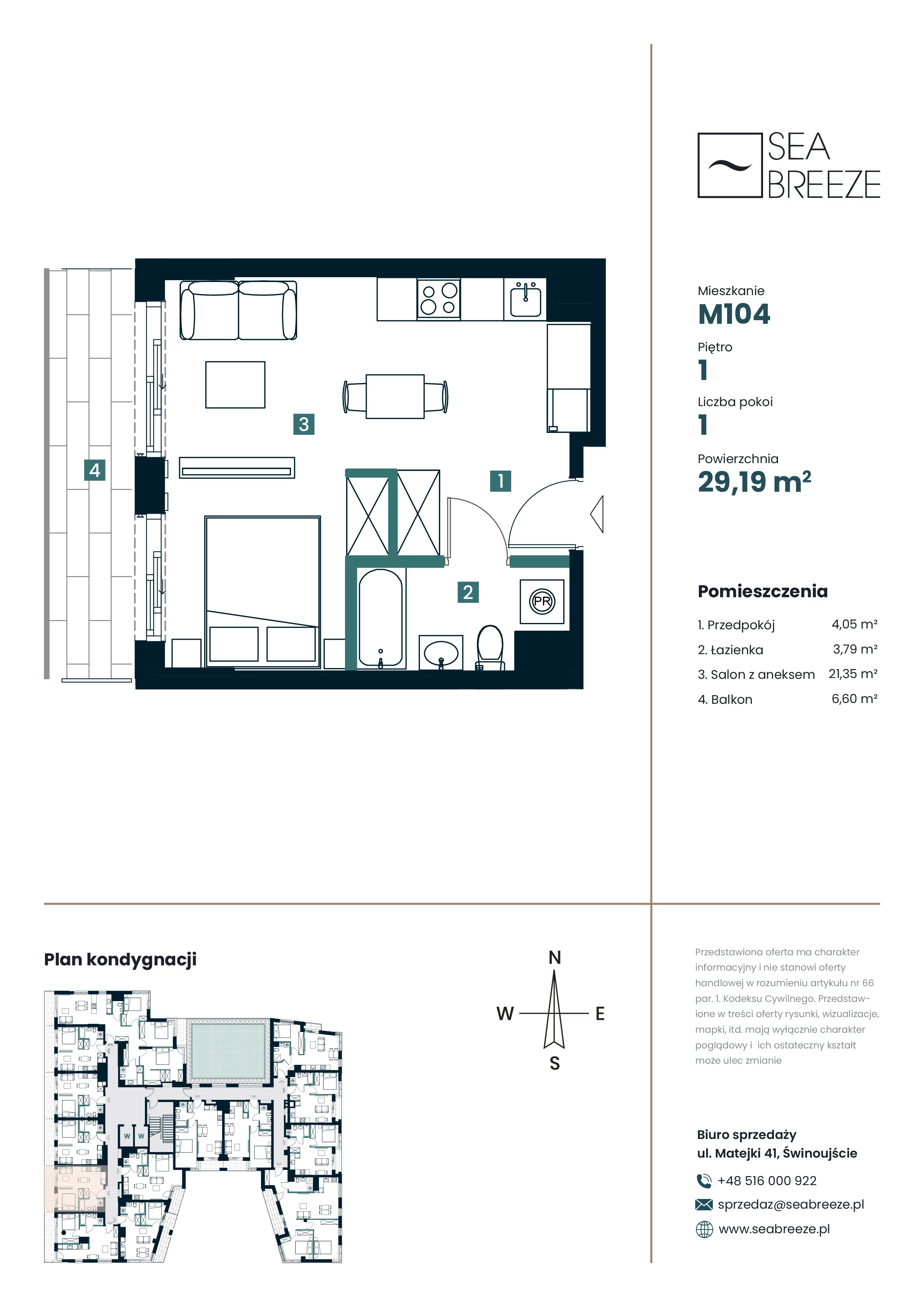 1 pokój, mieszkanie 29,19 m², piętro 1, oferta nr M104, SeaBreeze, Świnoujście, Osiedle Matejki, ul. Jana Matejki 41