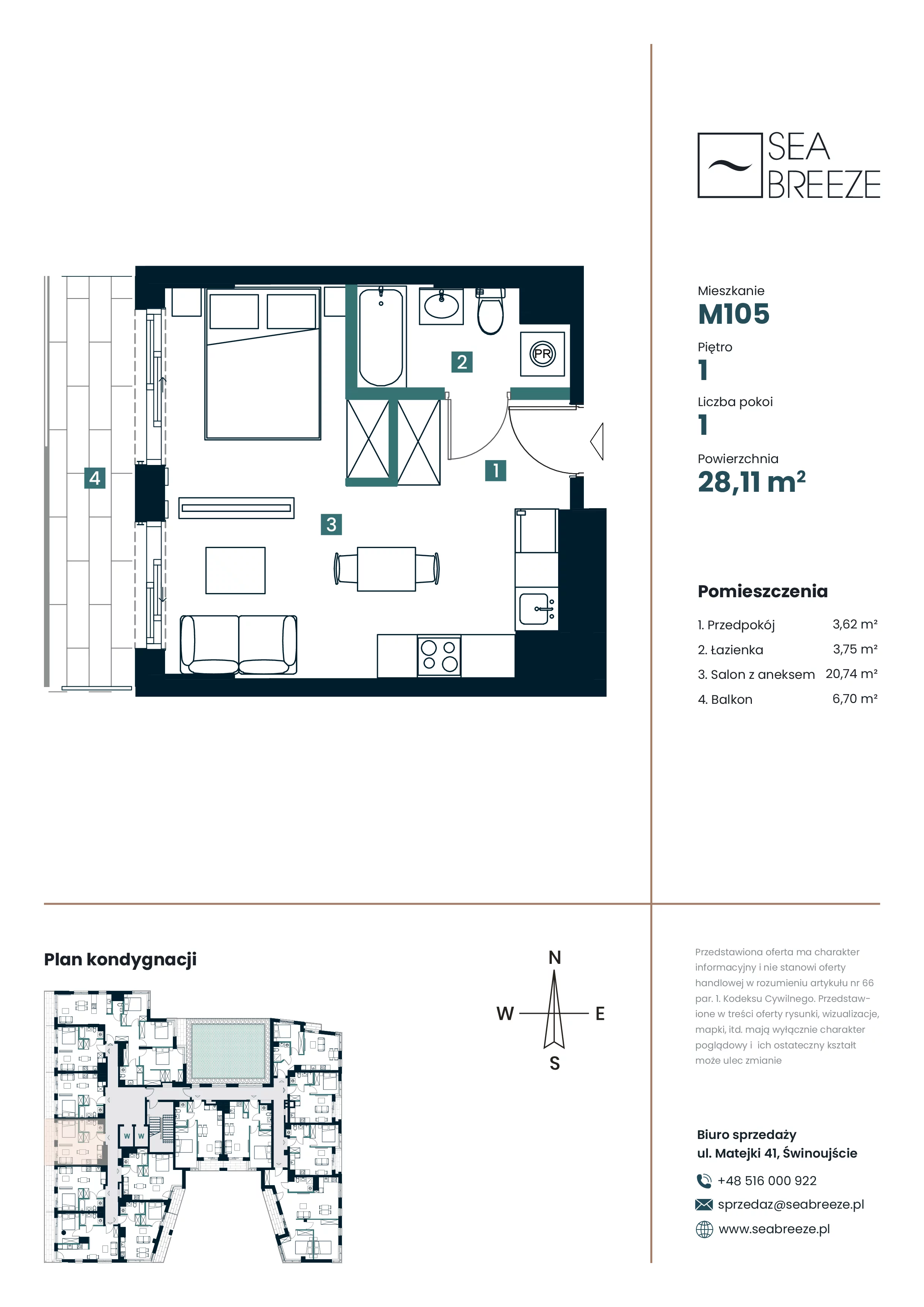 1 pokój, mieszkanie 28,11 m², piętro 1, oferta nr M105, SeaBreeze, Świnoujście, Osiedle Matejki, ul. Jana Matejki 41