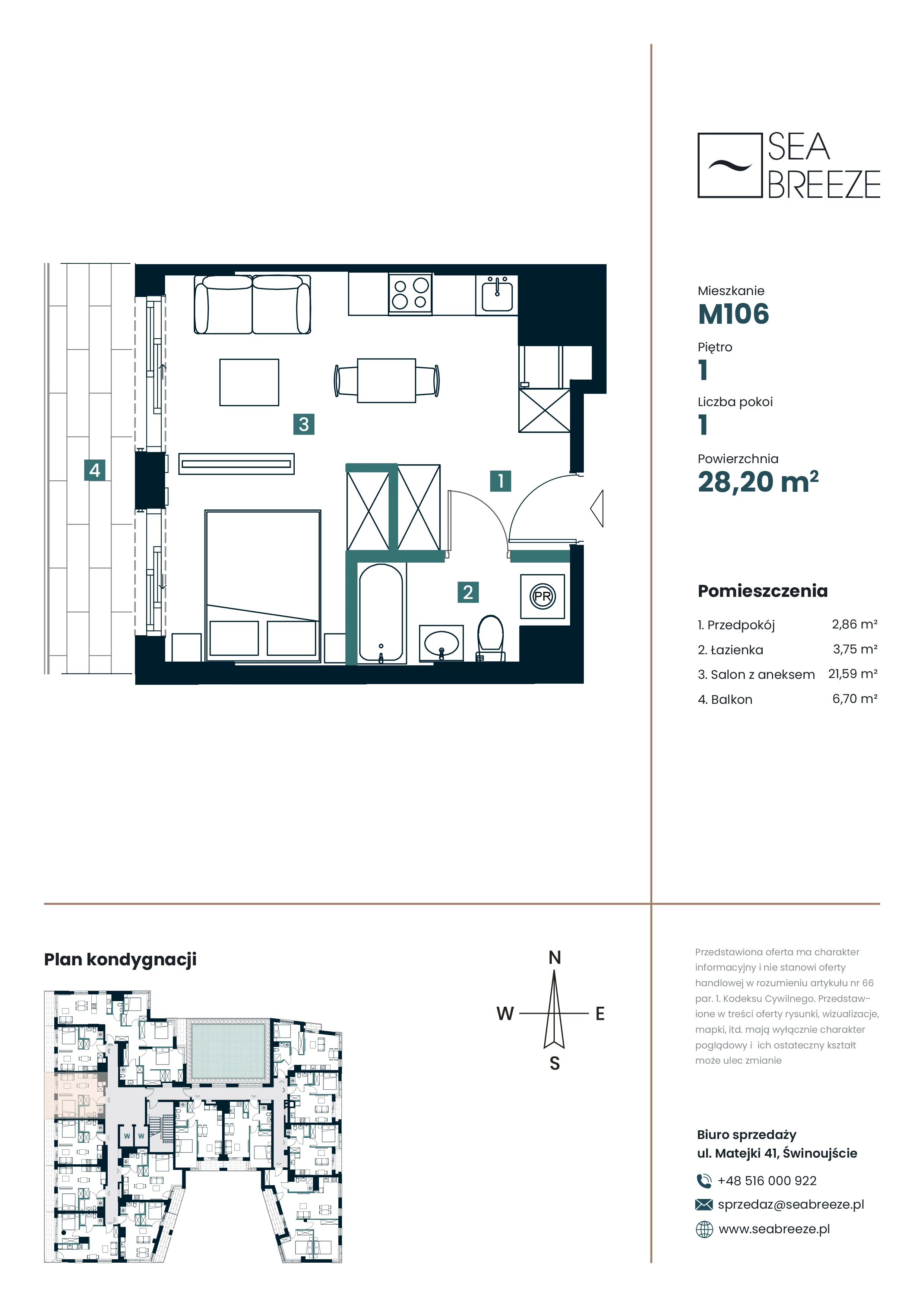 1 pokój, apartament 28,20 m², piętro 1, oferta nr M106, SeaBreeze, Świnoujście, Osiedle Matejki, ul. Jana Matejki 41