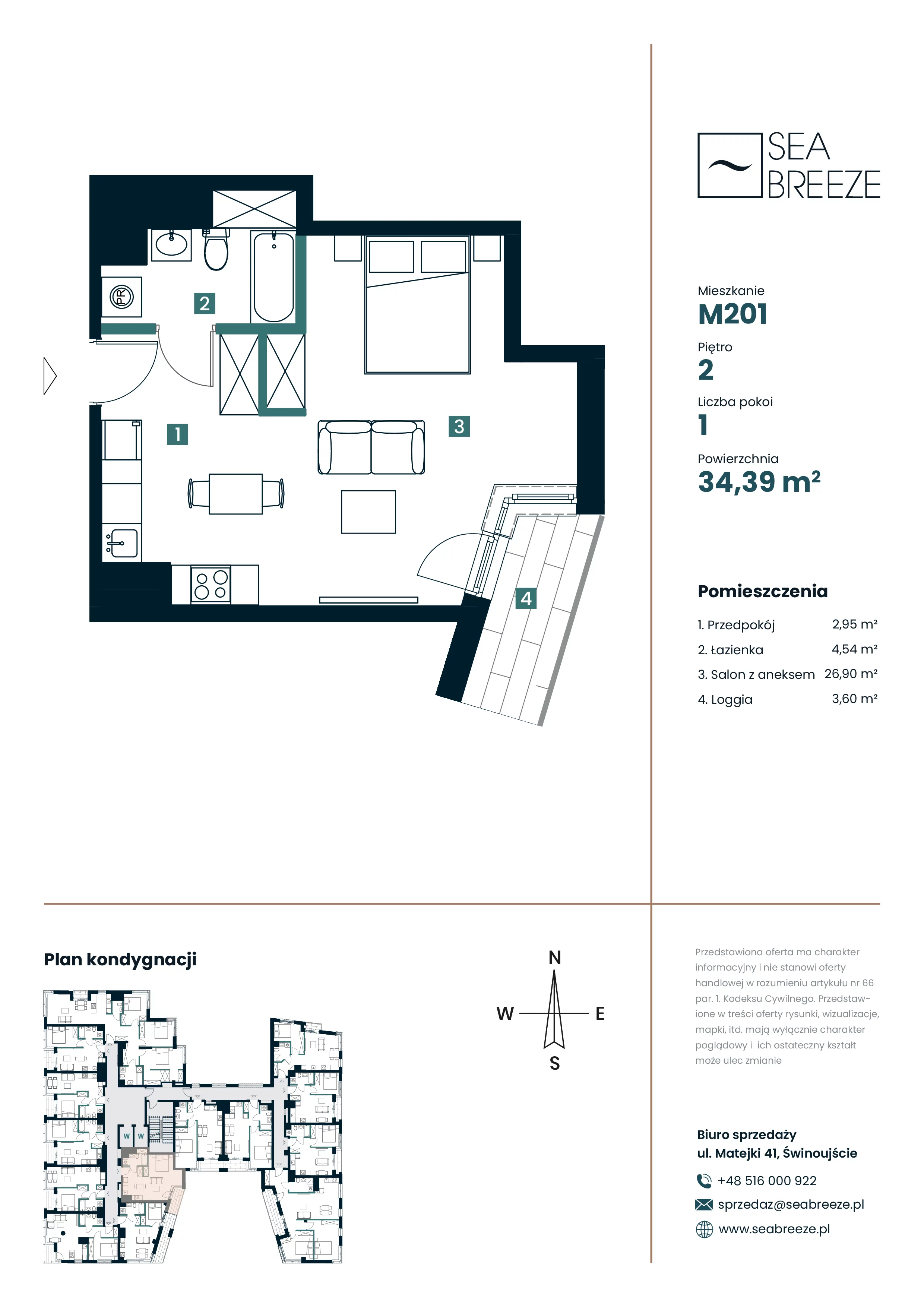1 pokój, mieszkanie 34,39 m², piętro 2, oferta nr M201, SeaBreeze, Świnoujście, Osiedle Matejki, ul. Jana Matejki 41