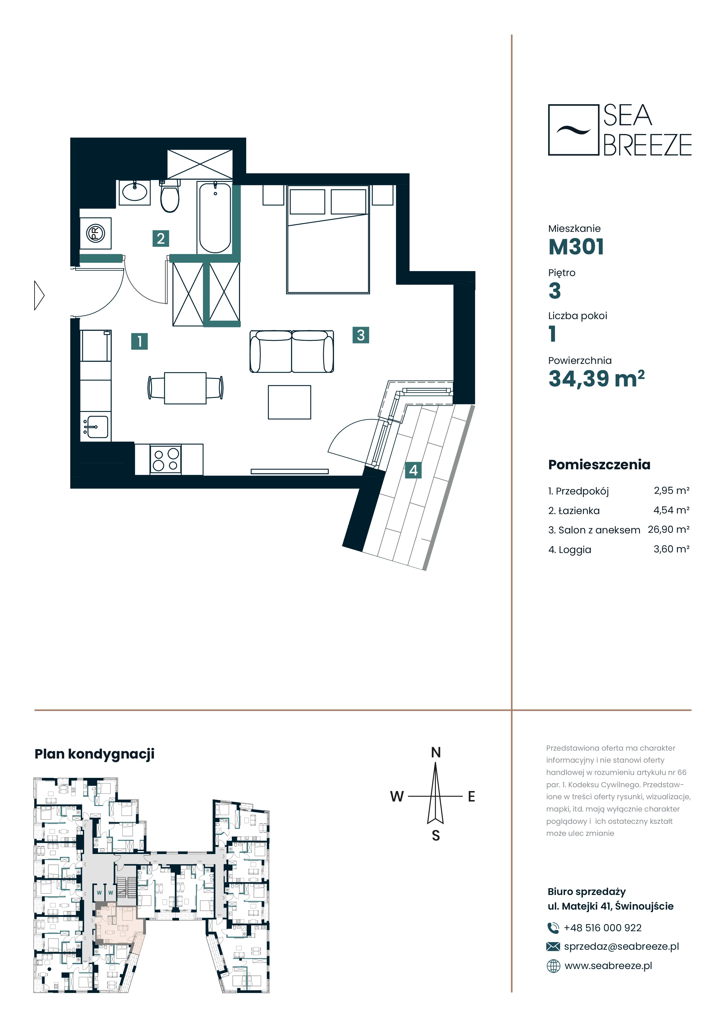1 pokój, mieszkanie 34,39 m², piętro 3, oferta nr M301, SeaBreeze, Świnoujście, Osiedle Matejki, ul. Jana Matejki 41