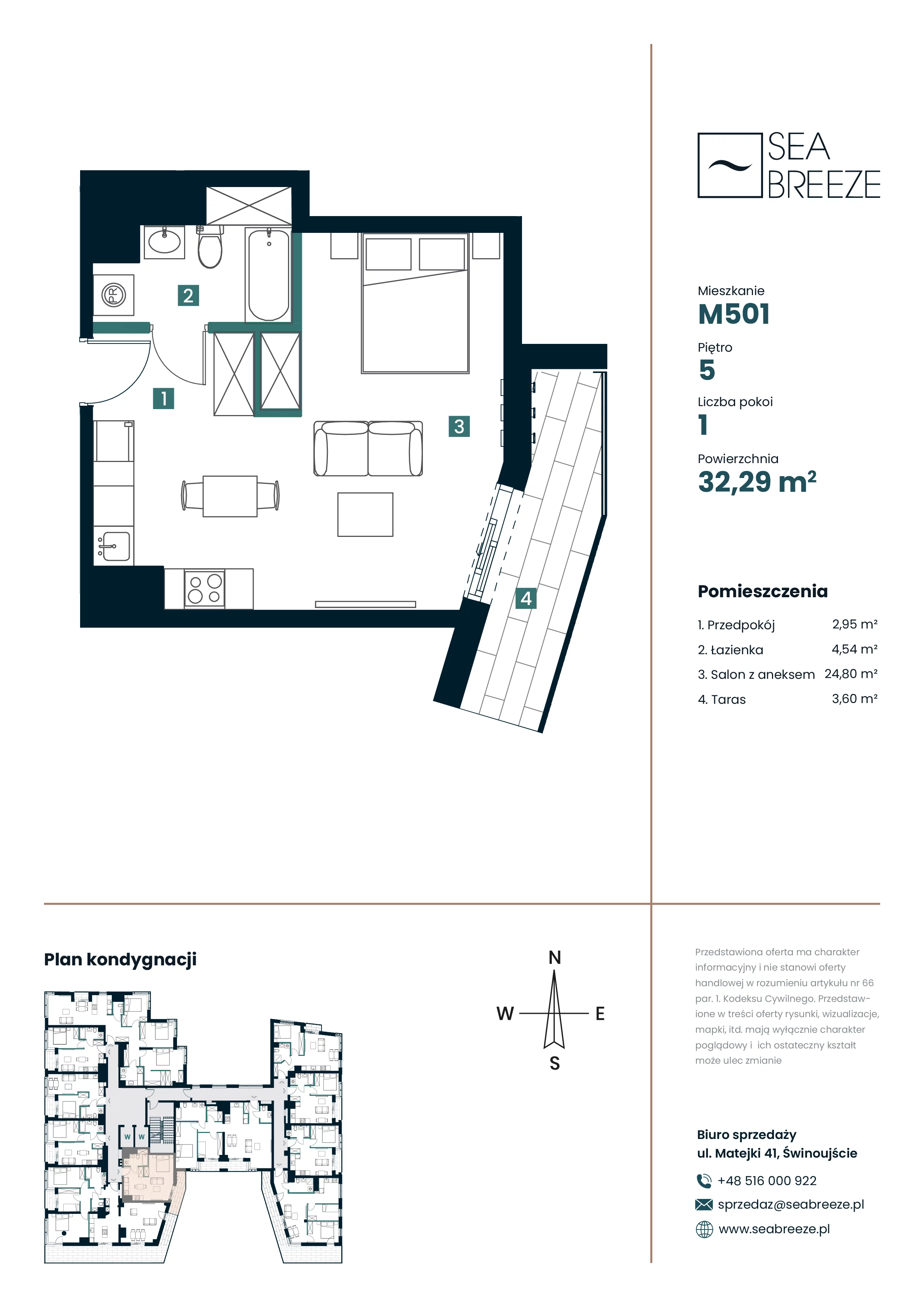 1 pokój, mieszkanie 32,29 m², piętro 5, oferta nr M501, SeaBreeze, Świnoujście, Osiedle Matejki, ul. Jana Matejki 41