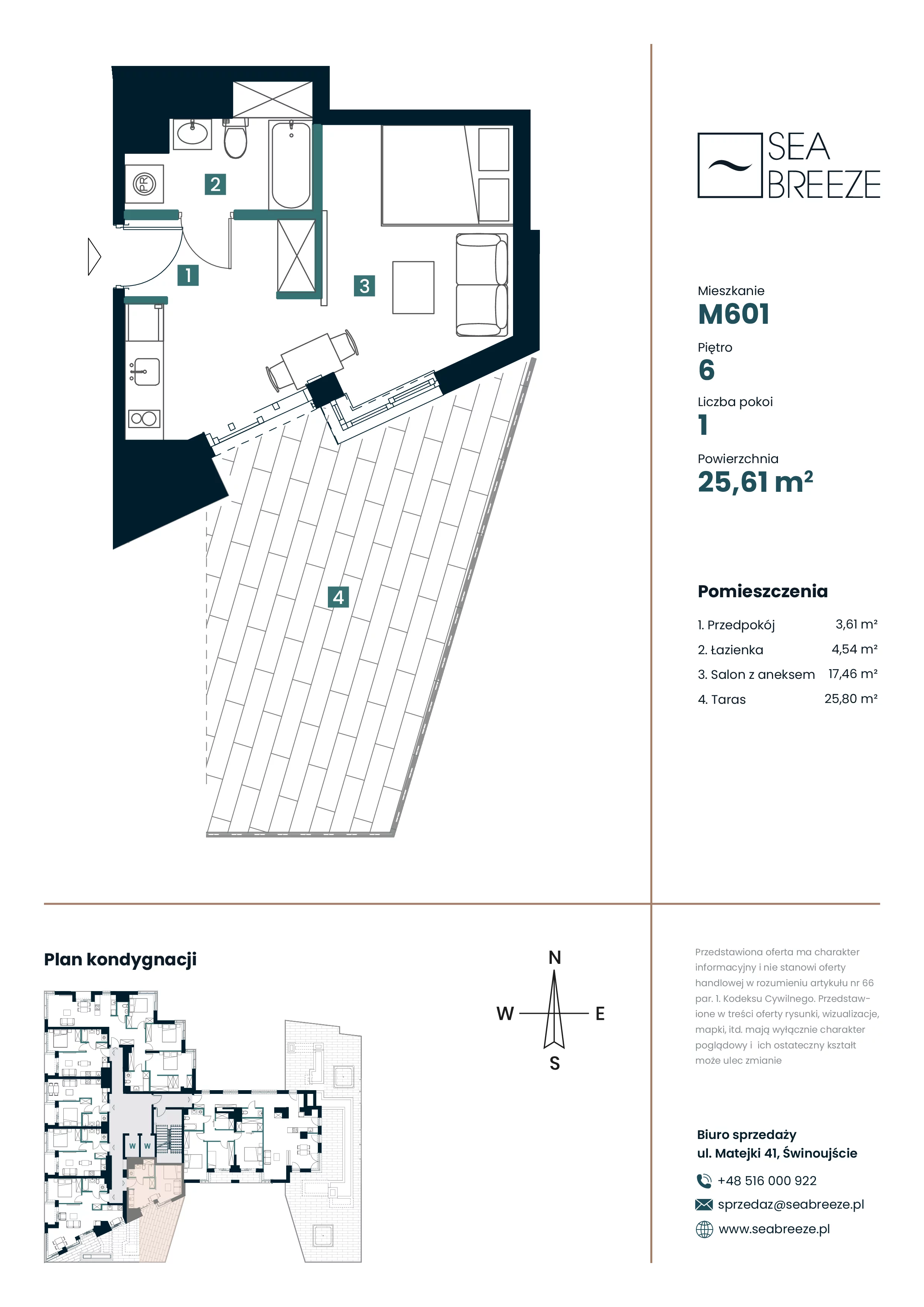 1 pokój, apartament 25,61 m², piętro 6, oferta nr M601, SeaBreeze, Świnoujście, Osiedle Matejki, ul. Jana Matejki 41
