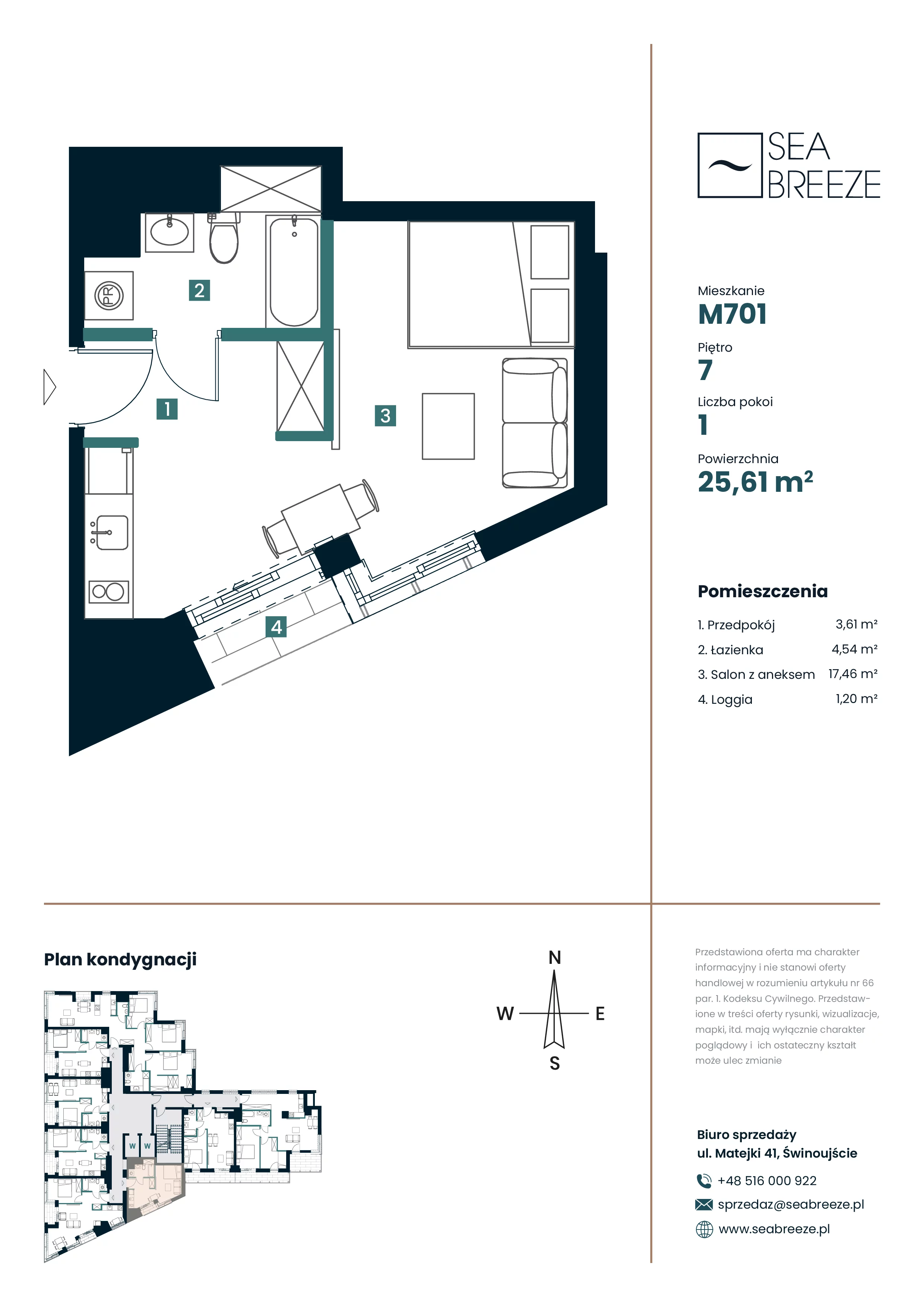 1 pokój, mieszkanie 25,61 m², piętro 7, oferta nr M701, SeaBreeze, Świnoujście, Osiedle Matejki, ul. Jana Matejki 41