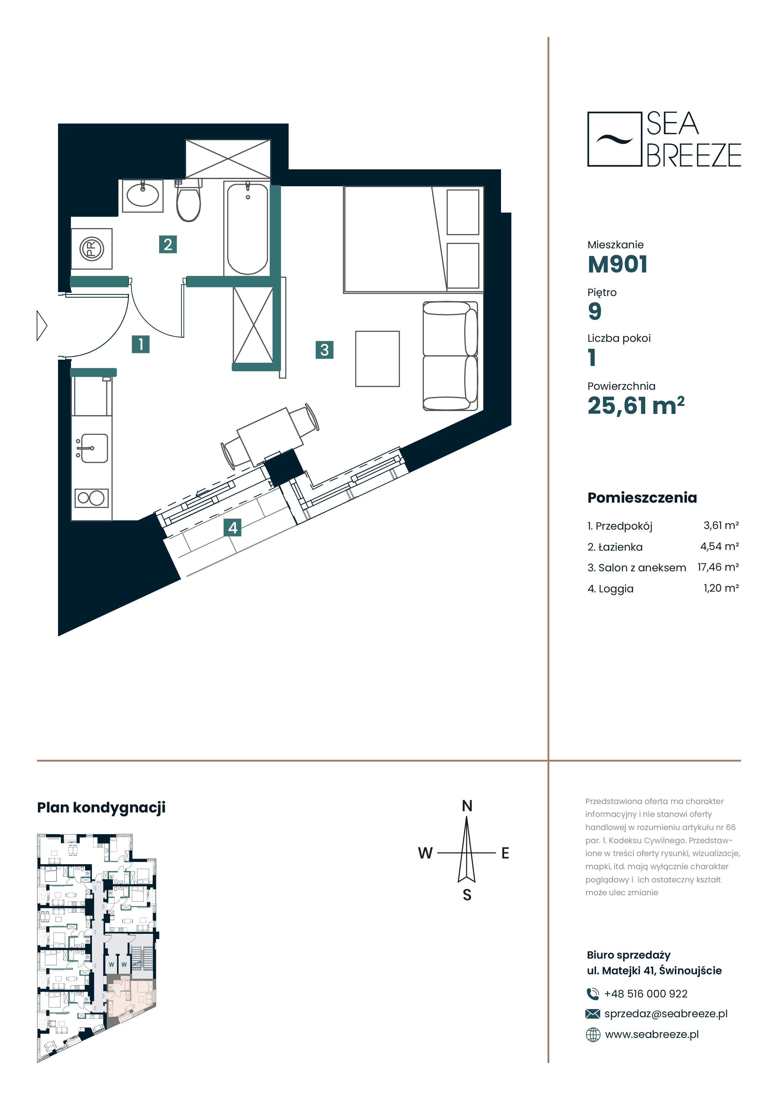 1 pokój, mieszkanie 25,61 m², piętro 9, oferta nr M901, SeaBreeze, Świnoujście, Osiedle Matejki, ul. Jana Matejki 41