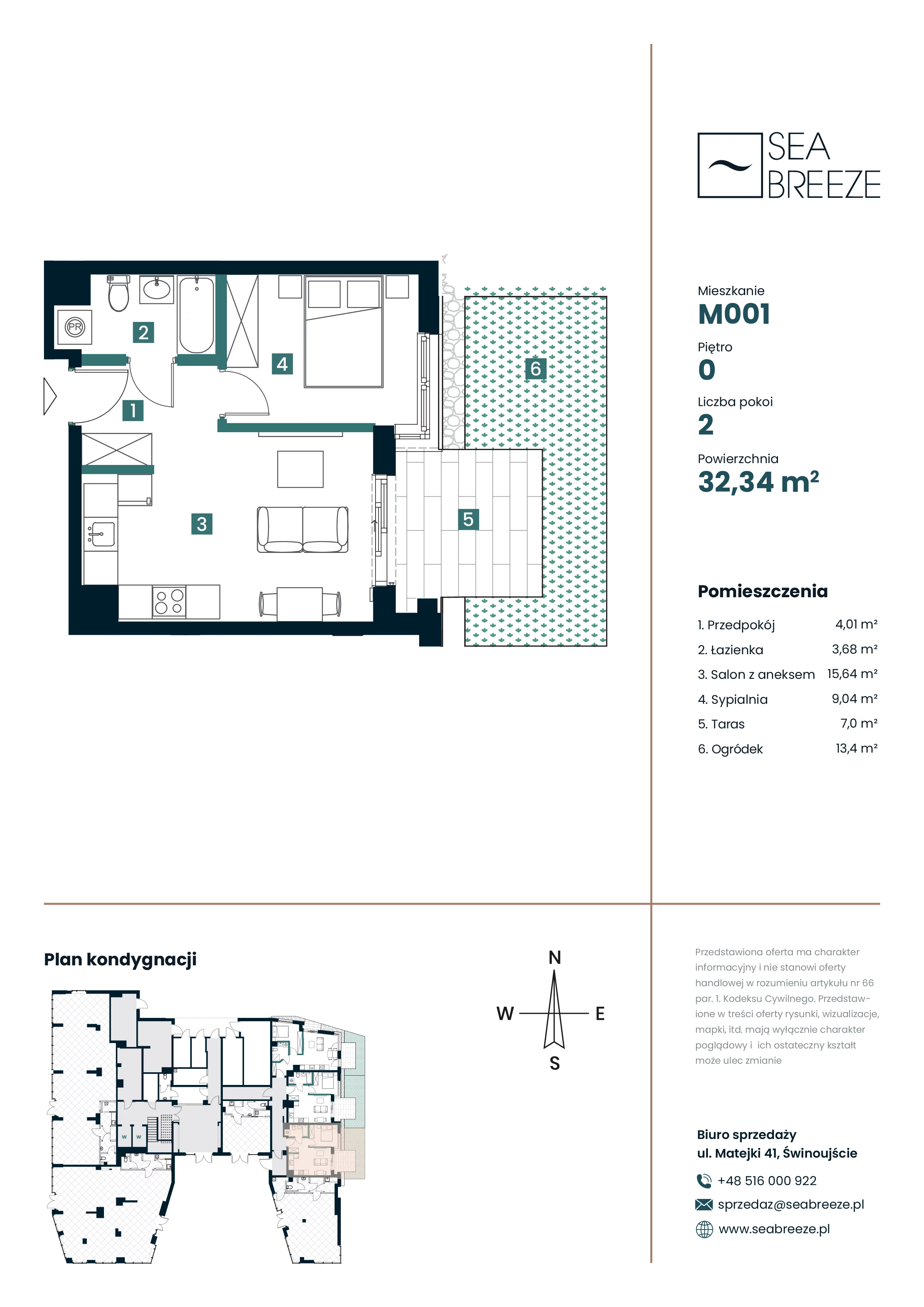 2 pokoje, apartament 32,34 m², parter, oferta nr M001, SeaBreeze, Świnoujście, Osiedle Matejki, ul. Jana Matejki 41