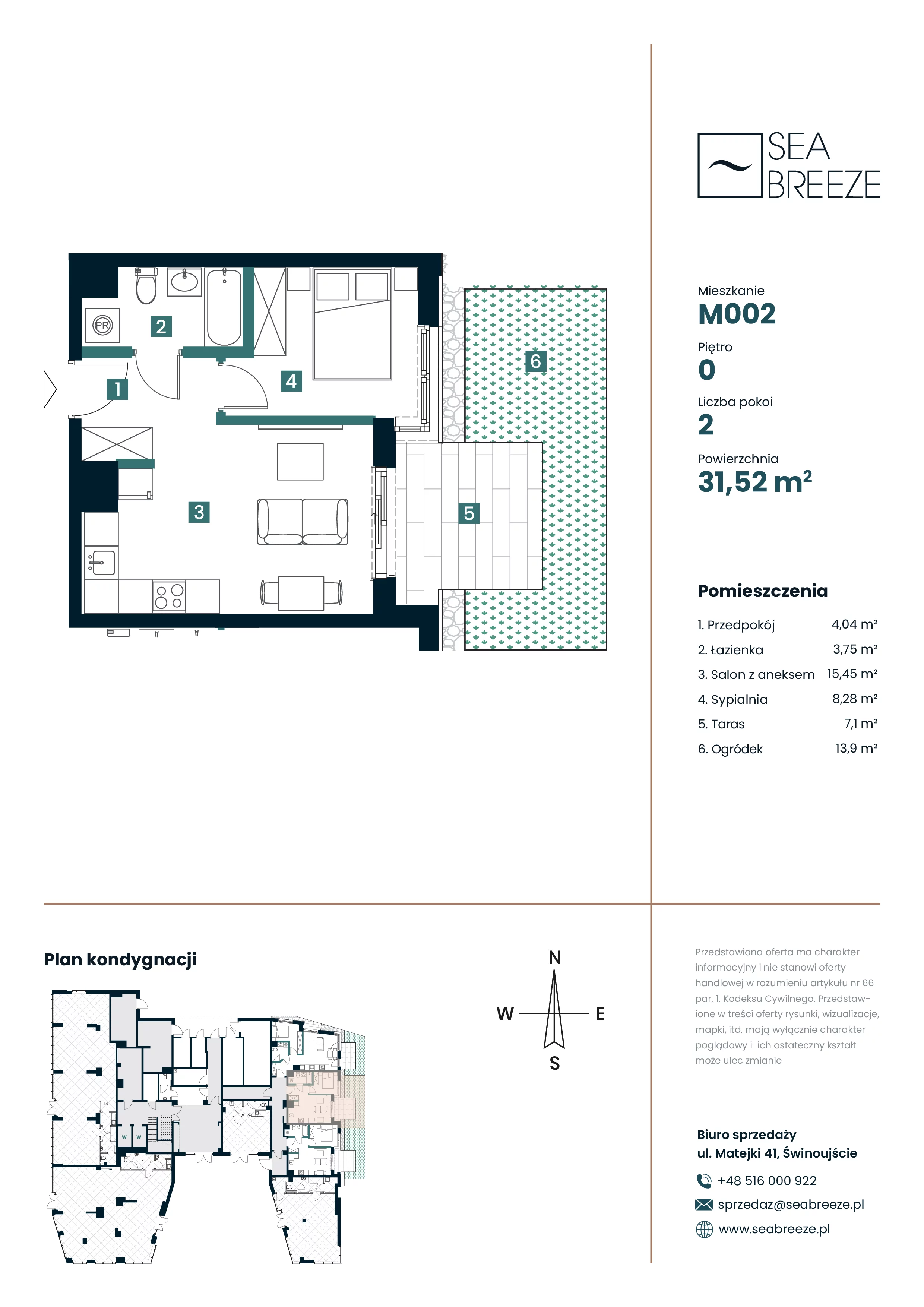 2 pokoje, mieszkanie 31,52 m², parter, oferta nr M002, SeaBreeze, Świnoujście, Osiedle Matejki, ul. Jana Matejki 41