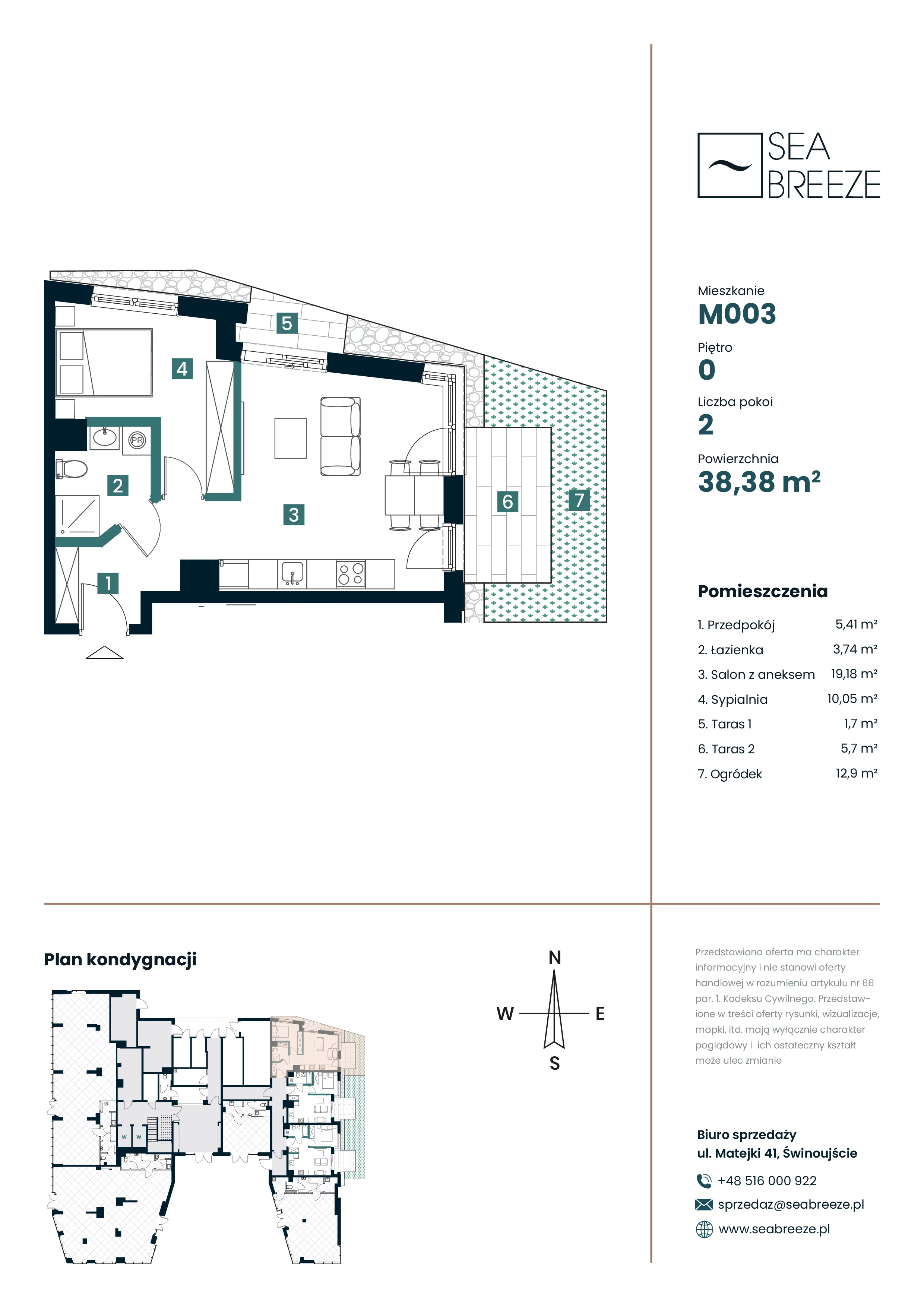 2 pokoje, mieszkanie 38,38 m², parter, oferta nr M003, SeaBreeze, Świnoujście, Osiedle Matejki, ul. Jana Matejki 41