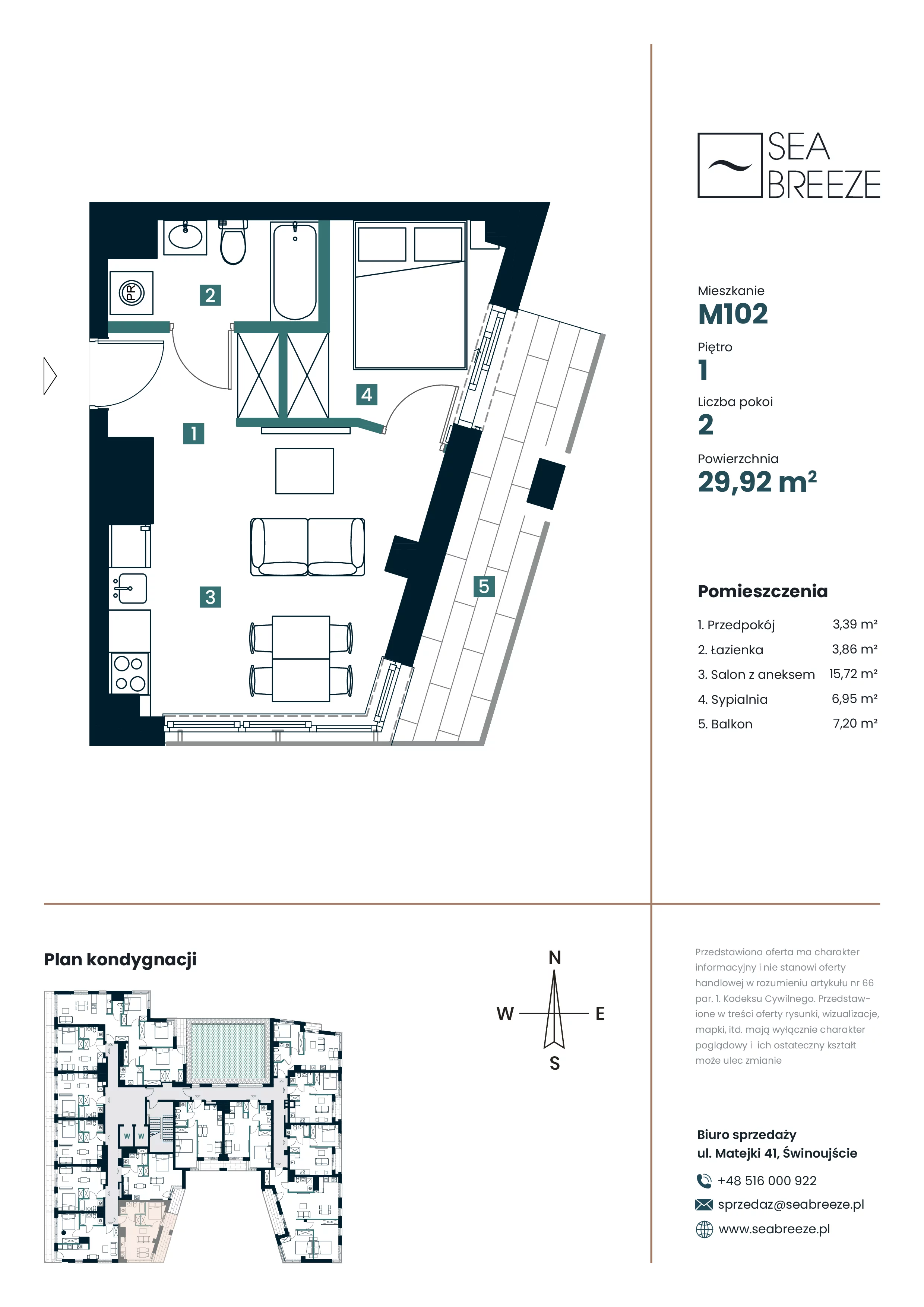 2 pokoje, apartament 29,92 m², piętro 1, oferta nr M102, SeaBreeze, Świnoujście, Osiedle Matejki, ul. Jana Matejki 41