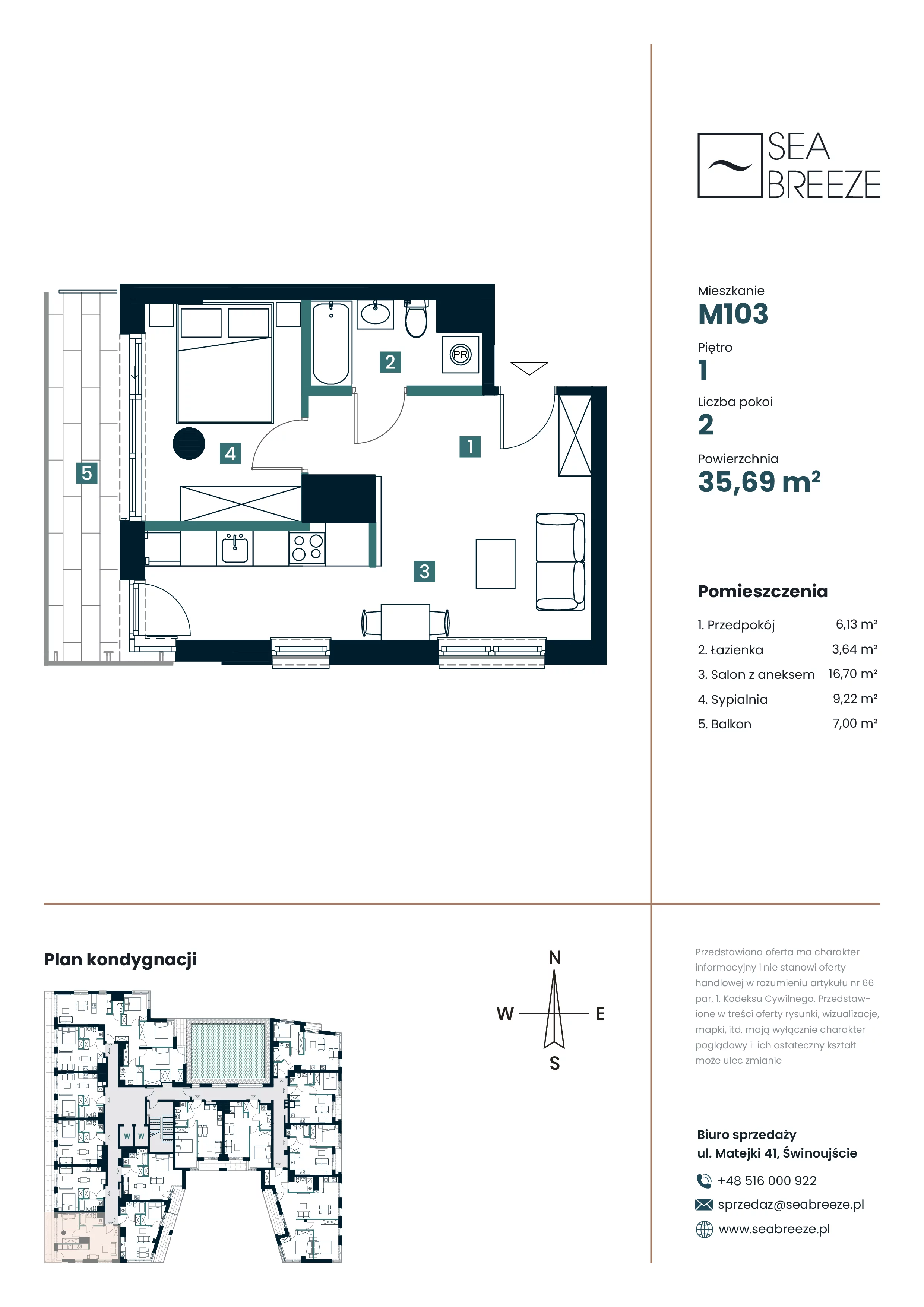 2 pokoje, apartament 35,69 m², piętro 1, oferta nr M103, SeaBreeze, Świnoujście, Osiedle Matejki, ul. Jana Matejki 41