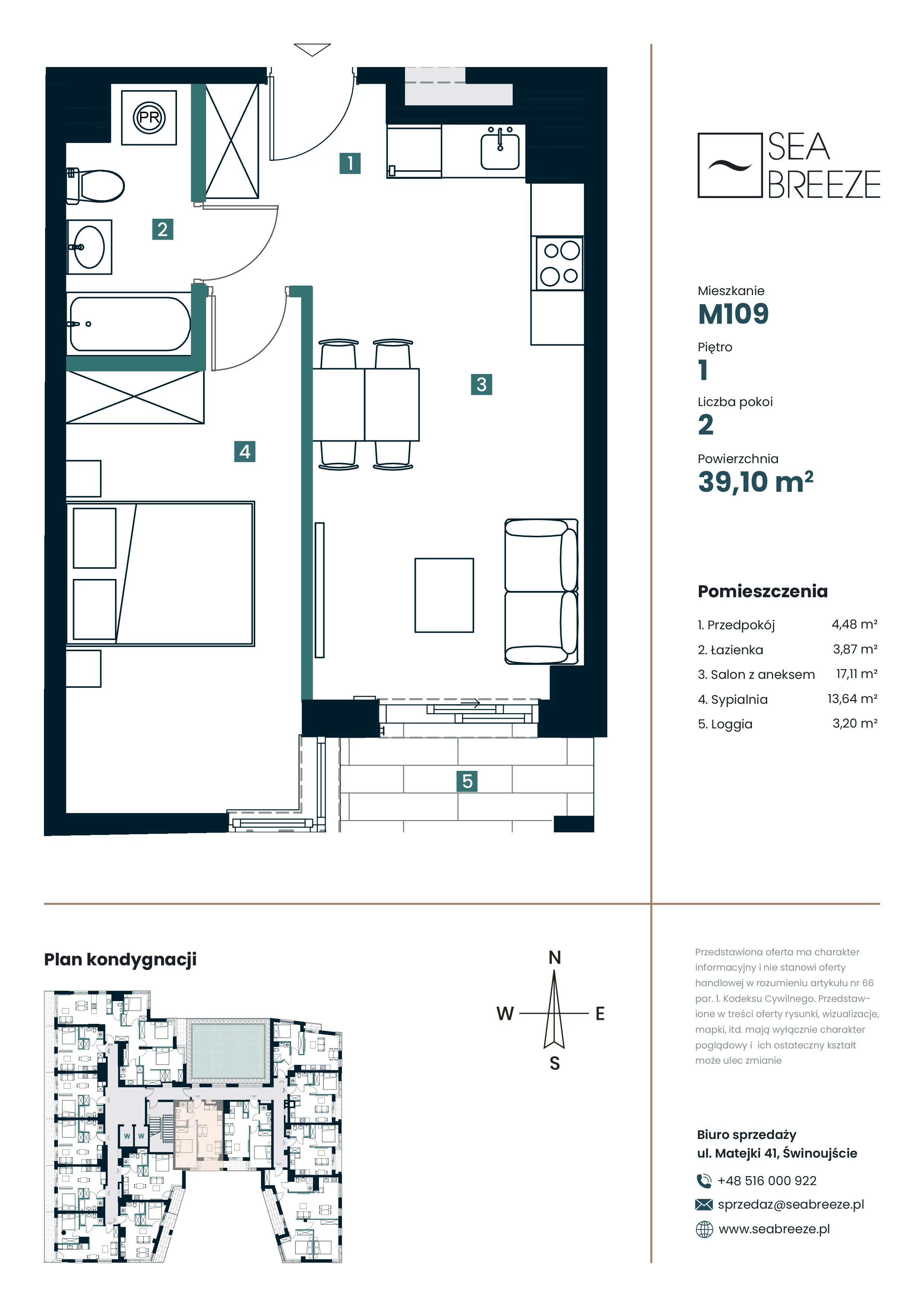 2 pokoje, apartament 39,10 m², piętro 1, oferta nr M109, SeaBreeze, Świnoujście, Osiedle Matejki, ul. Jana Matejki 41