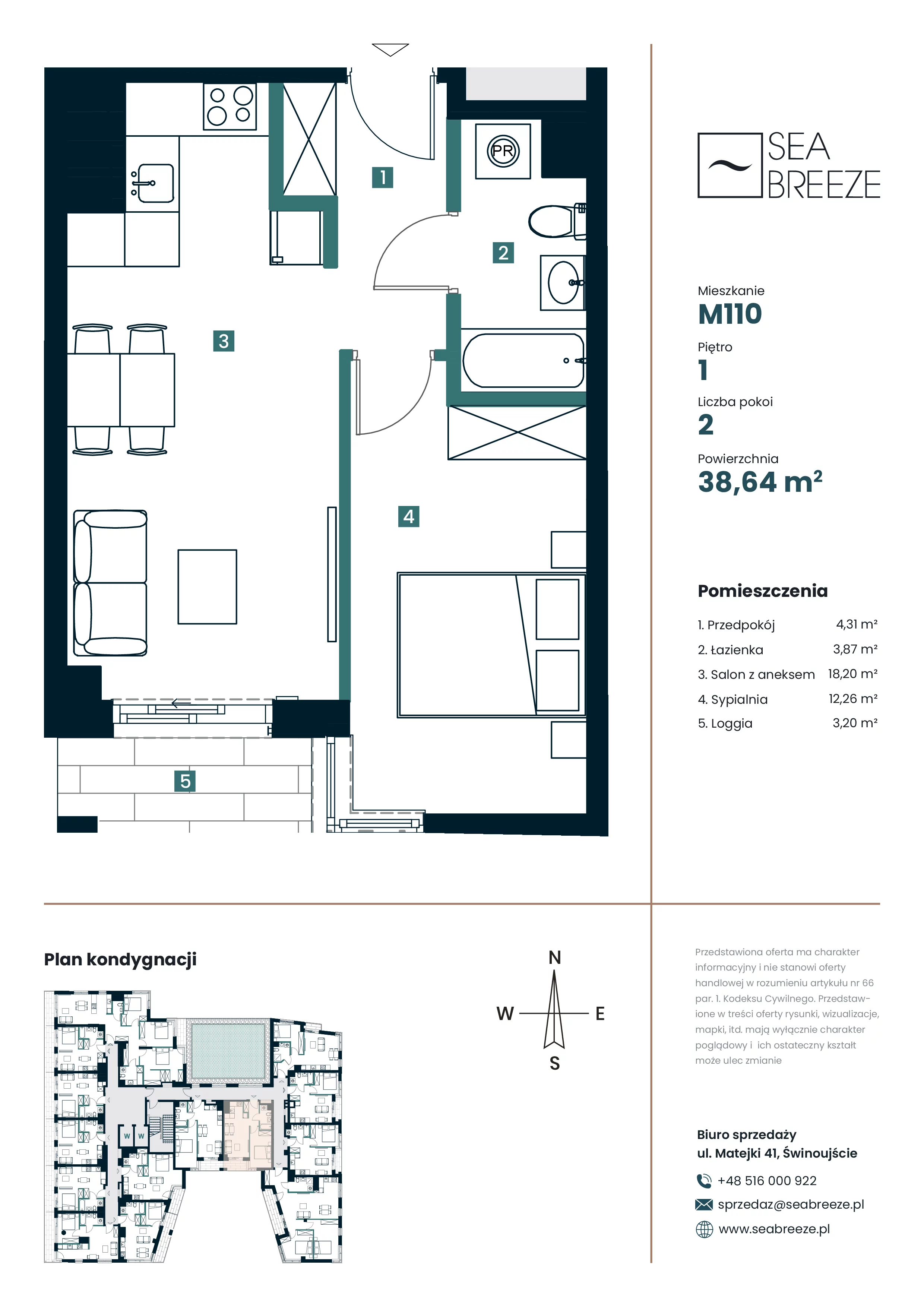 2 pokoje, apartament 38,64 m², piętro 1, oferta nr M110, SeaBreeze, Świnoujście, Osiedle Matejki, ul. Jana Matejki 41