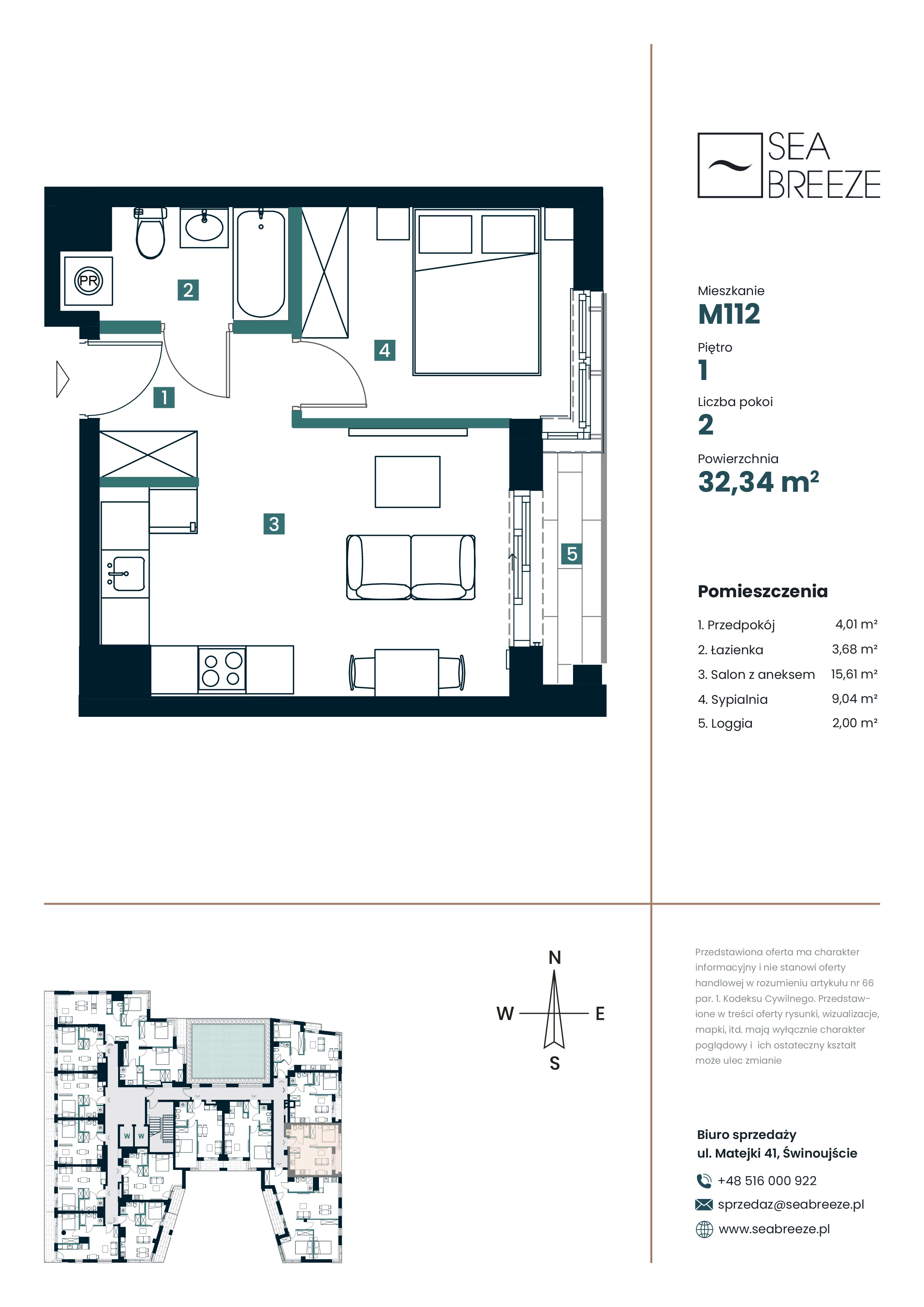 2 pokoje, apartament 32,34 m², piętro 1, oferta nr M112, SeaBreeze, Świnoujście, Osiedle Matejki, ul. Jana Matejki 41