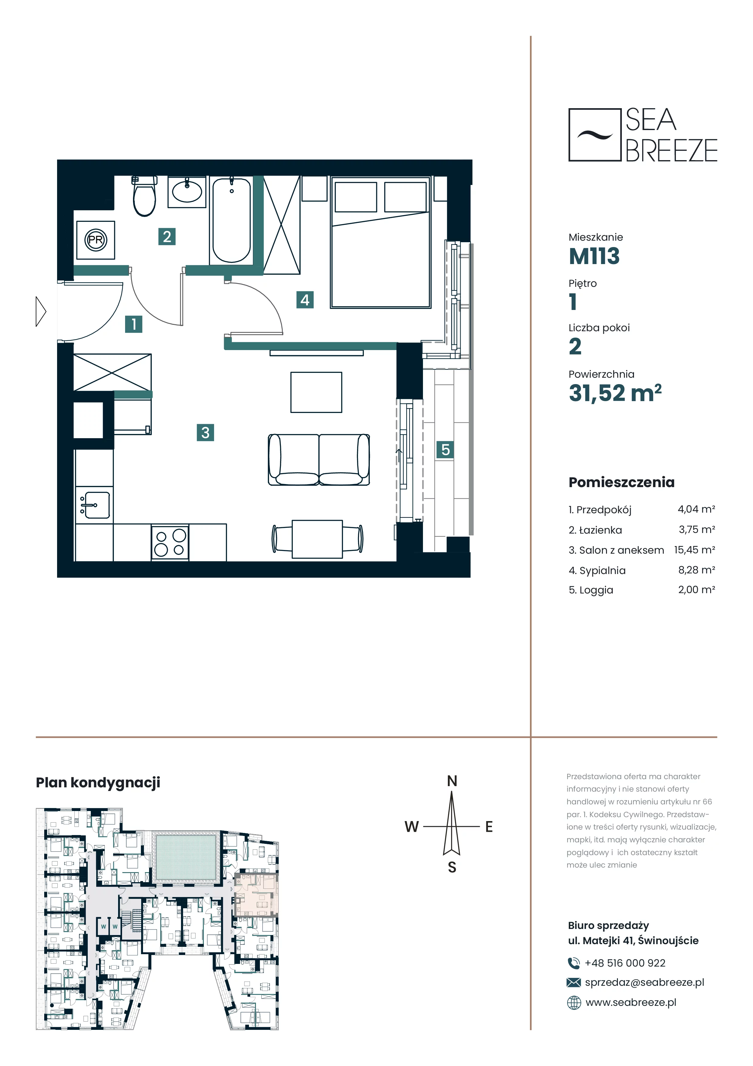 2 pokoje, mieszkanie 31,52 m², piętro 1, oferta nr M113, SeaBreeze, Świnoujście, Osiedle Matejki, ul. Jana Matejki 41