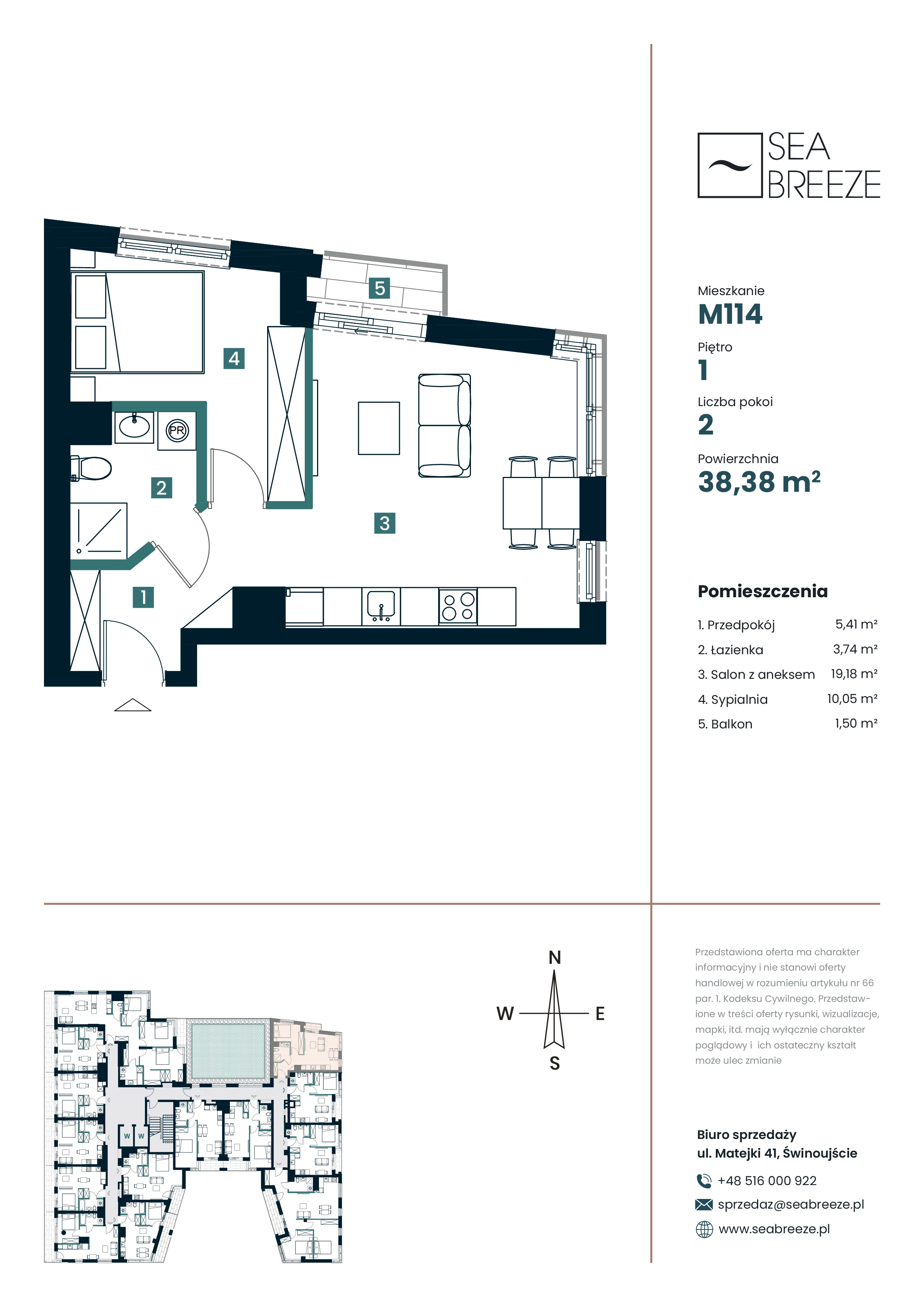 2 pokoje, mieszkanie 38,38 m², piętro 1, oferta nr M114, SeaBreeze, Świnoujście, Osiedle Matejki, ul. Jana Matejki 41