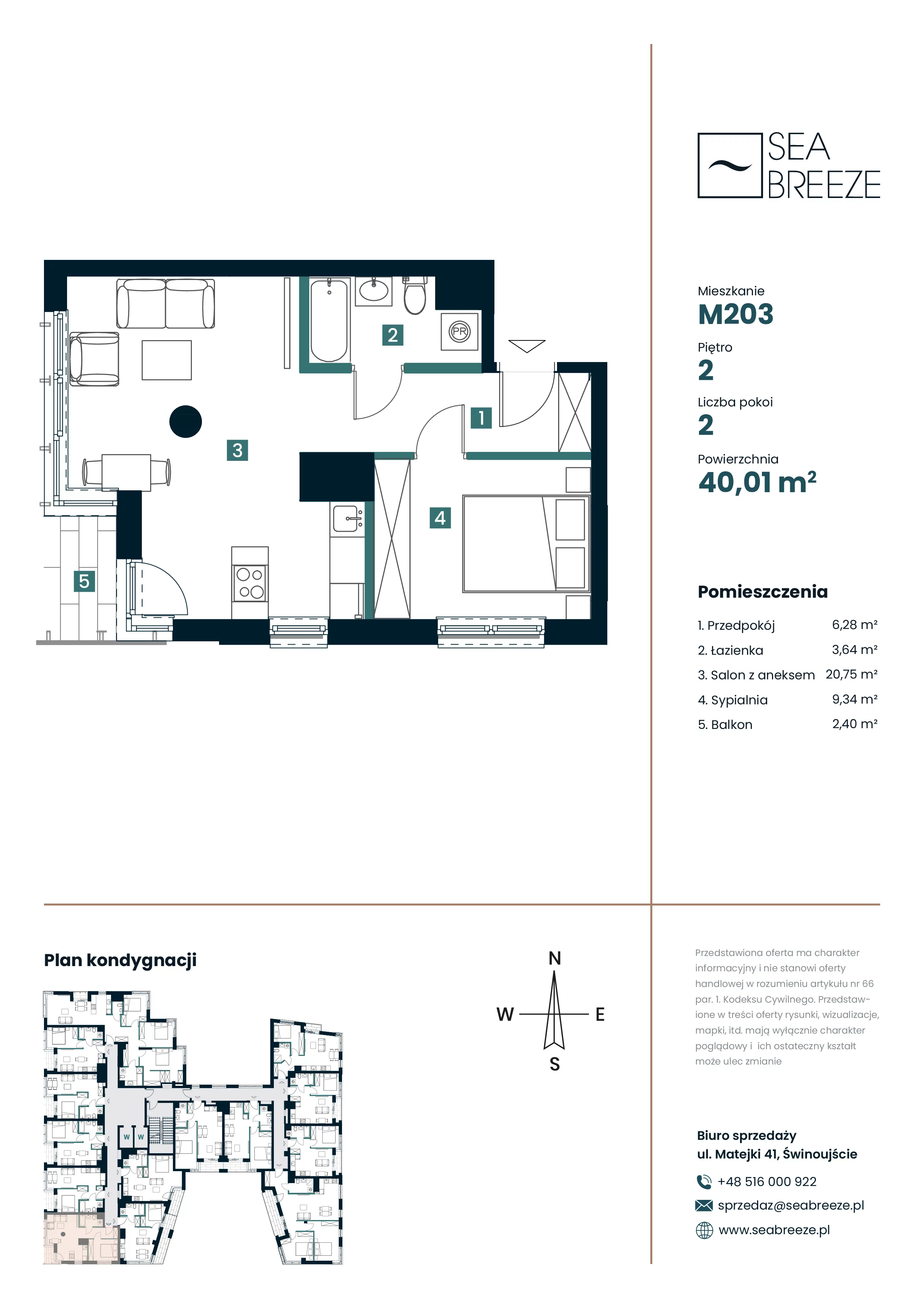2 pokoje, mieszkanie 40,01 m², piętro 2, oferta nr M203, SeaBreeze, Świnoujście, Osiedle Matejki, ul. Jana Matejki 41