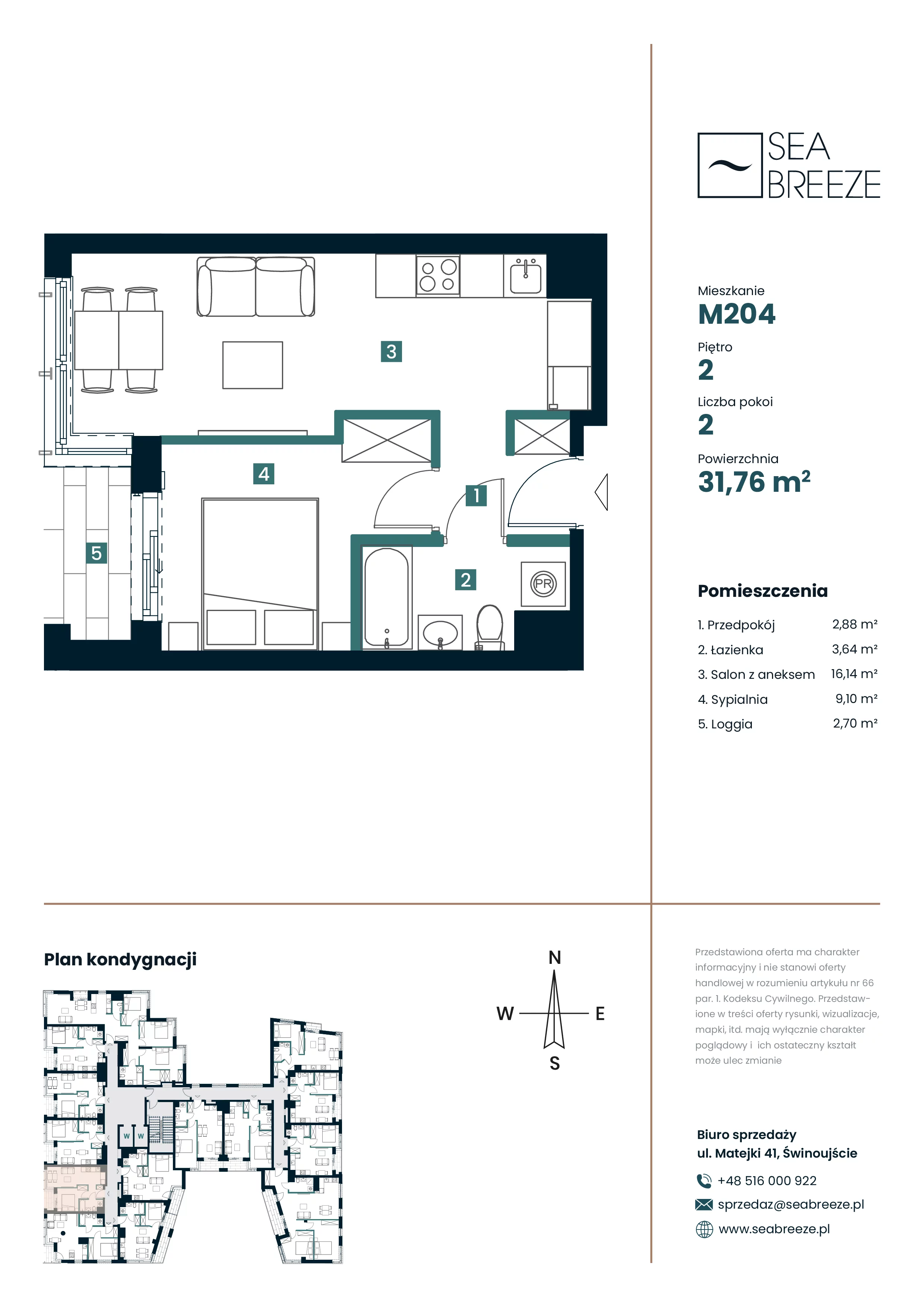 2 pokoje, mieszkanie 31,76 m², piętro 2, oferta nr M204, SeaBreeze, Świnoujście, Osiedle Matejki, ul. Jana Matejki 41
