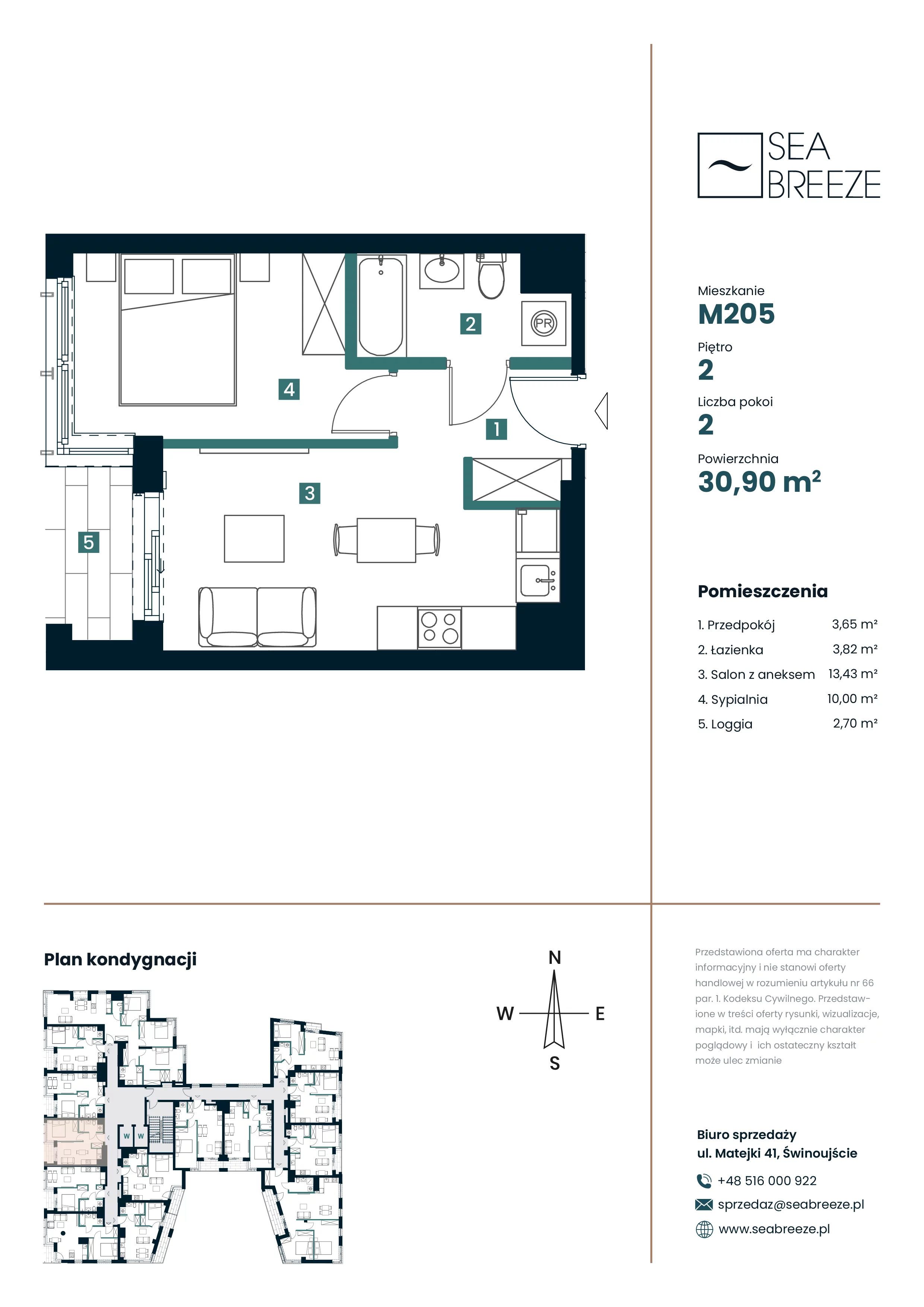 2 pokoje, mieszkanie 30,90 m², piętro 2, oferta nr M205, SeaBreeze, Świnoujście, Osiedle Matejki, ul. Jana Matejki 41