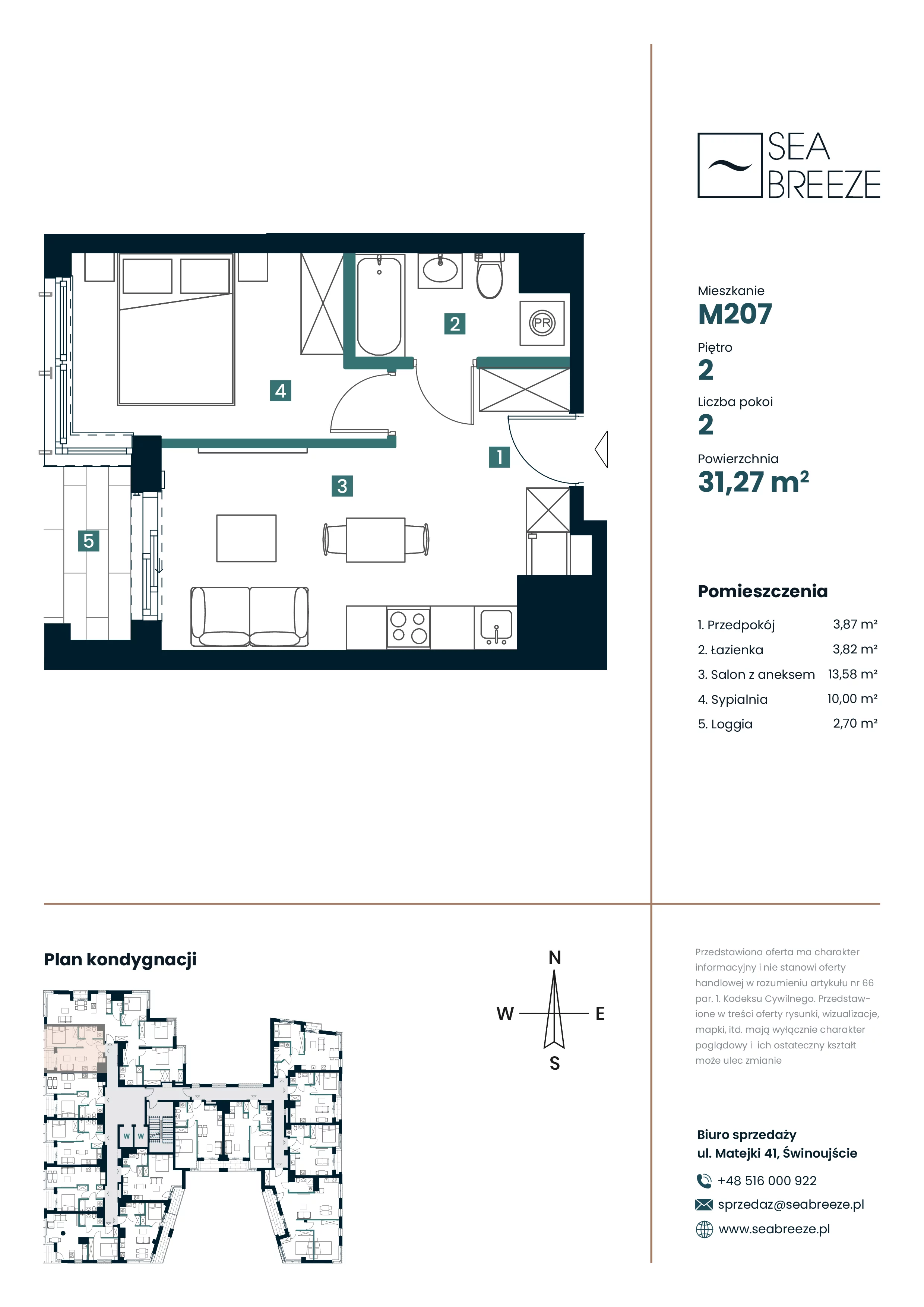 2 pokoje, mieszkanie 31,27 m², piętro 2, oferta nr M207, SeaBreeze, Świnoujście, Osiedle Matejki, ul. Jana Matejki 41