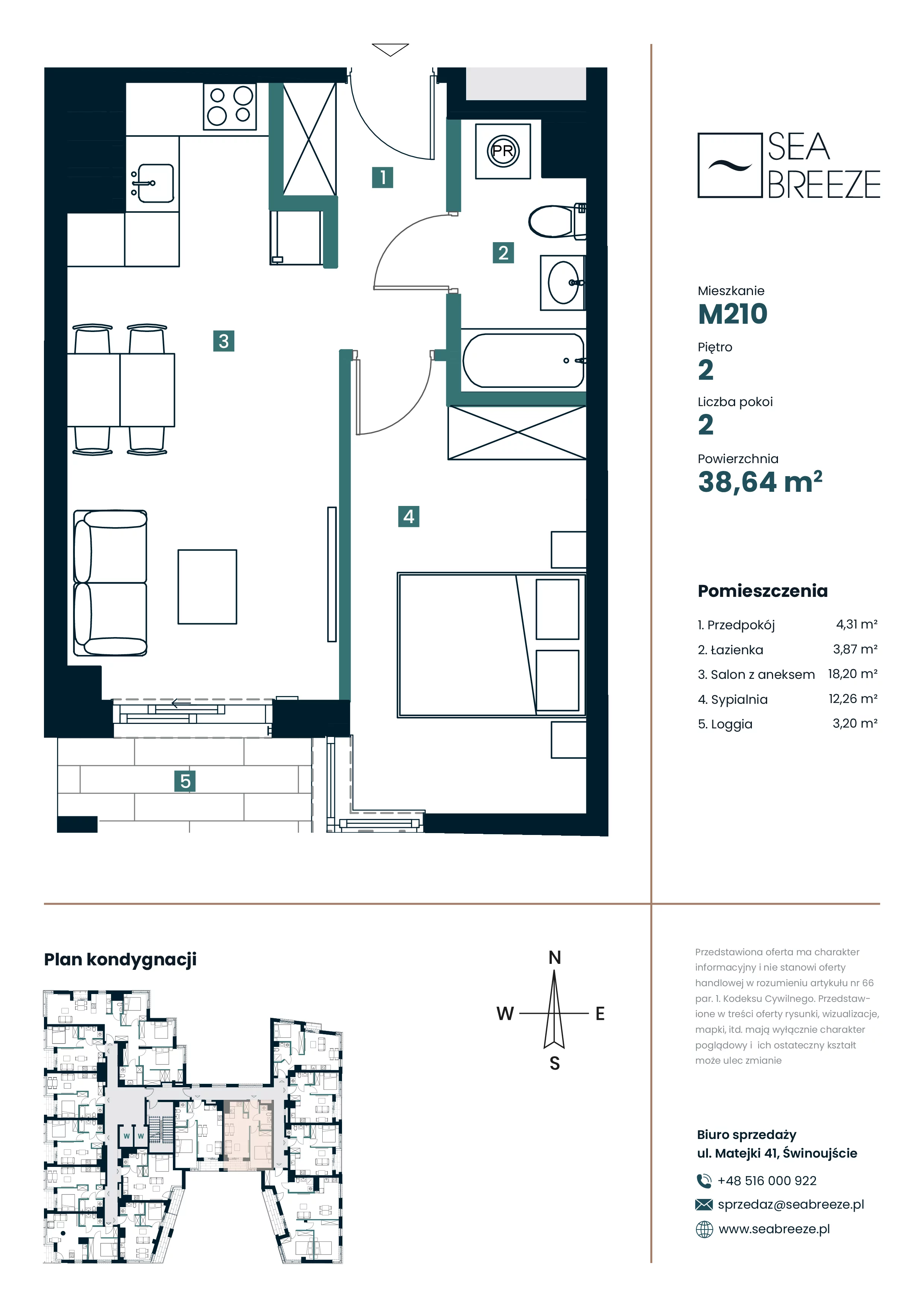 2 pokoje, mieszkanie 38,64 m², piętro 2, oferta nr M210, SeaBreeze, Świnoujście, Osiedle Matejki, ul. Jana Matejki 41