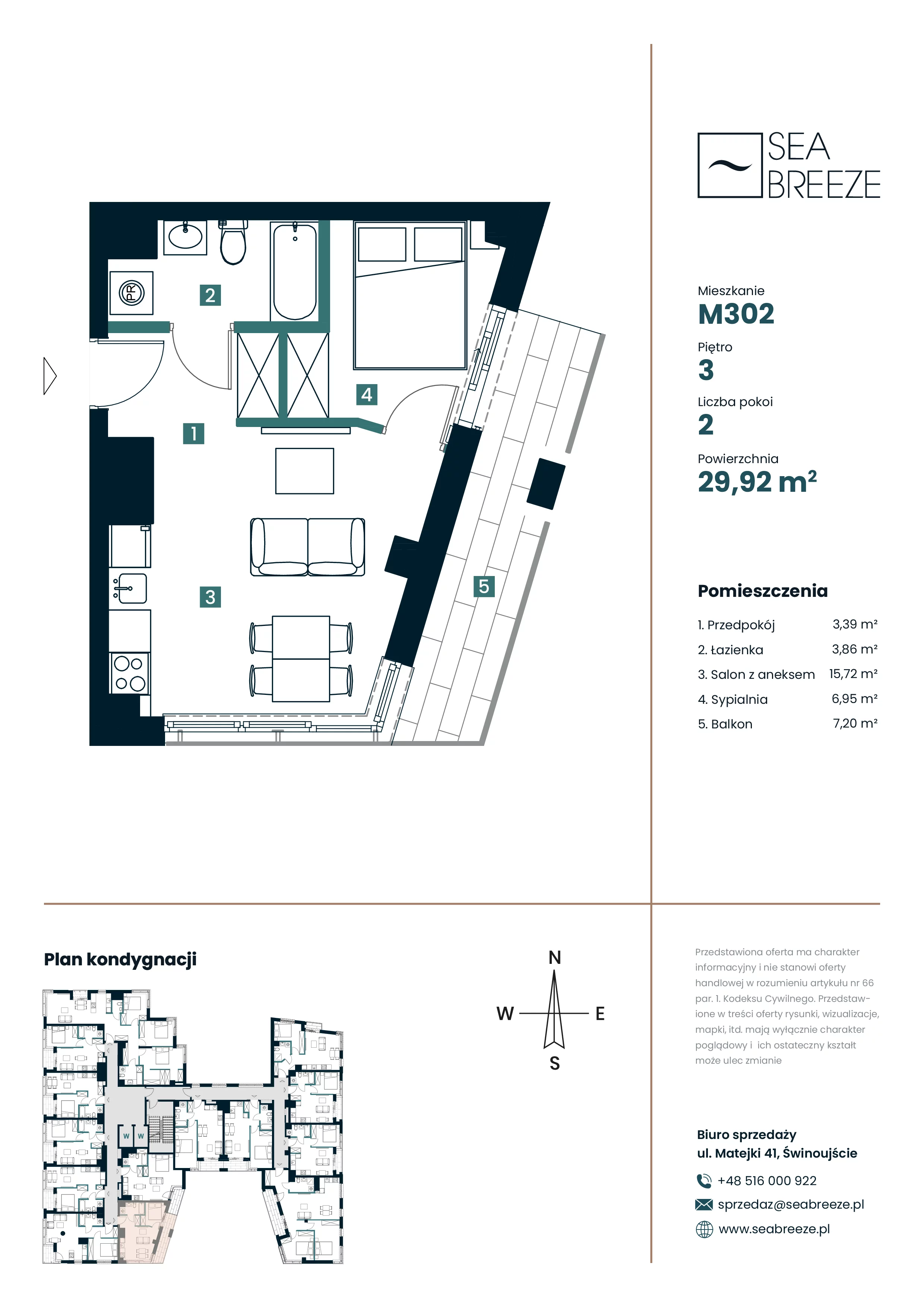 2 pokoje, mieszkanie 29,92 m², piętro 3, oferta nr M302, SeaBreeze, Świnoujście, Osiedle Matejki, ul. Jana Matejki 41