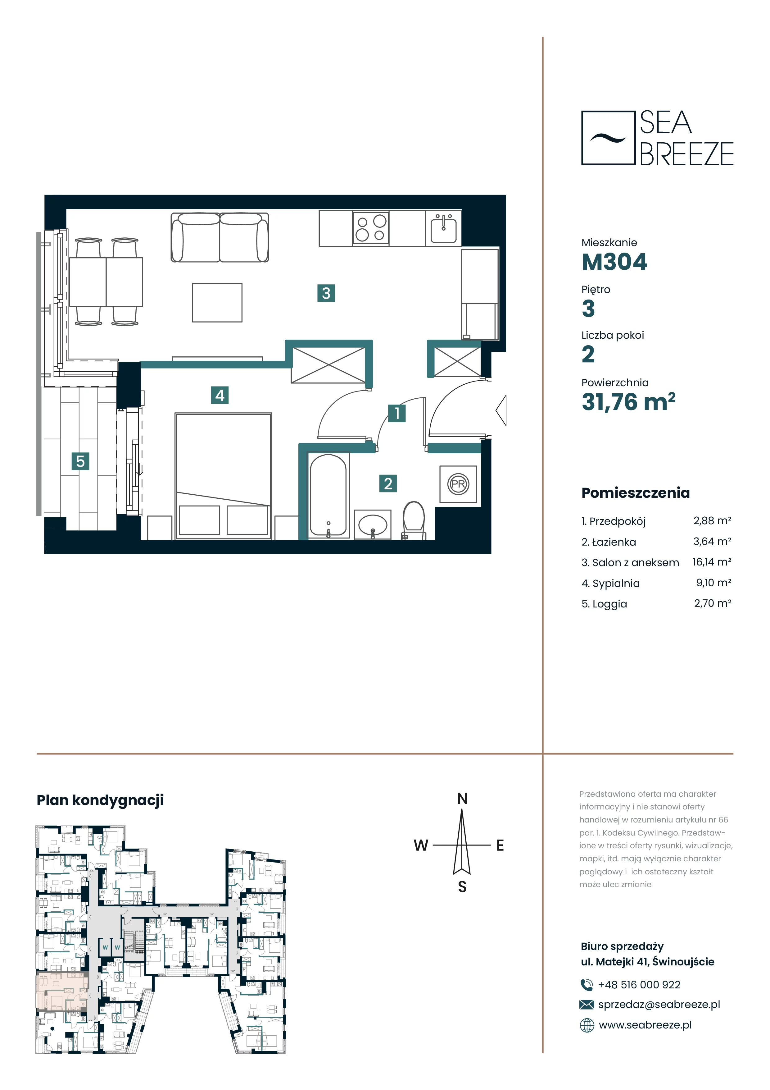 2 pokoje, mieszkanie 31,76 m², piętro 3, oferta nr M304, SeaBreeze, Świnoujście, Osiedle Matejki, ul. Jana Matejki 41