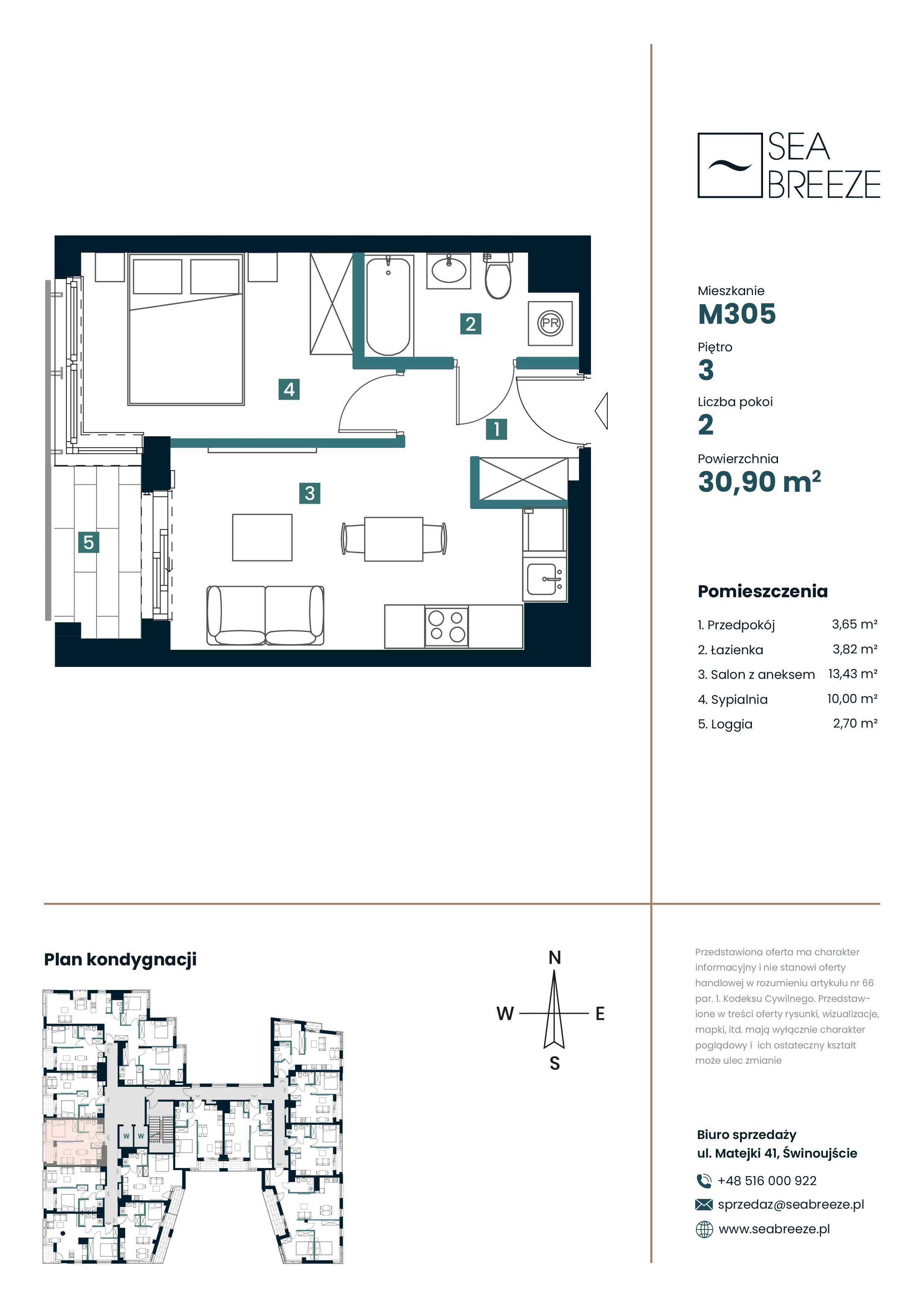 2 pokoje, mieszkanie 30,90 m², piętro 3, oferta nr M305, SeaBreeze, Świnoujście, Osiedle Matejki, ul. Jana Matejki 41