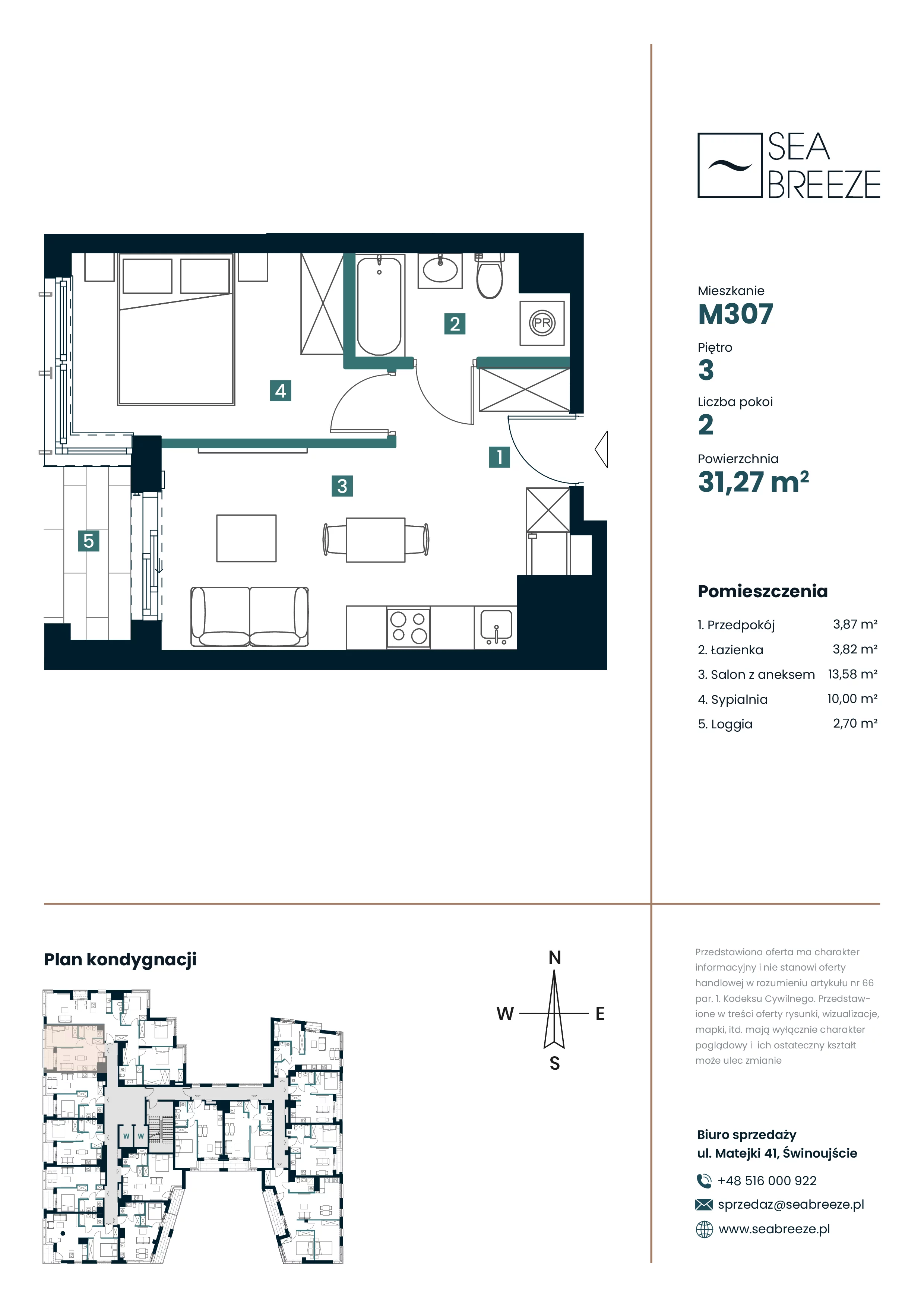 2 pokoje, mieszkanie 31,27 m², piętro 3, oferta nr M307, SeaBreeze, Świnoujście, Osiedle Matejki, ul. Jana Matejki 41