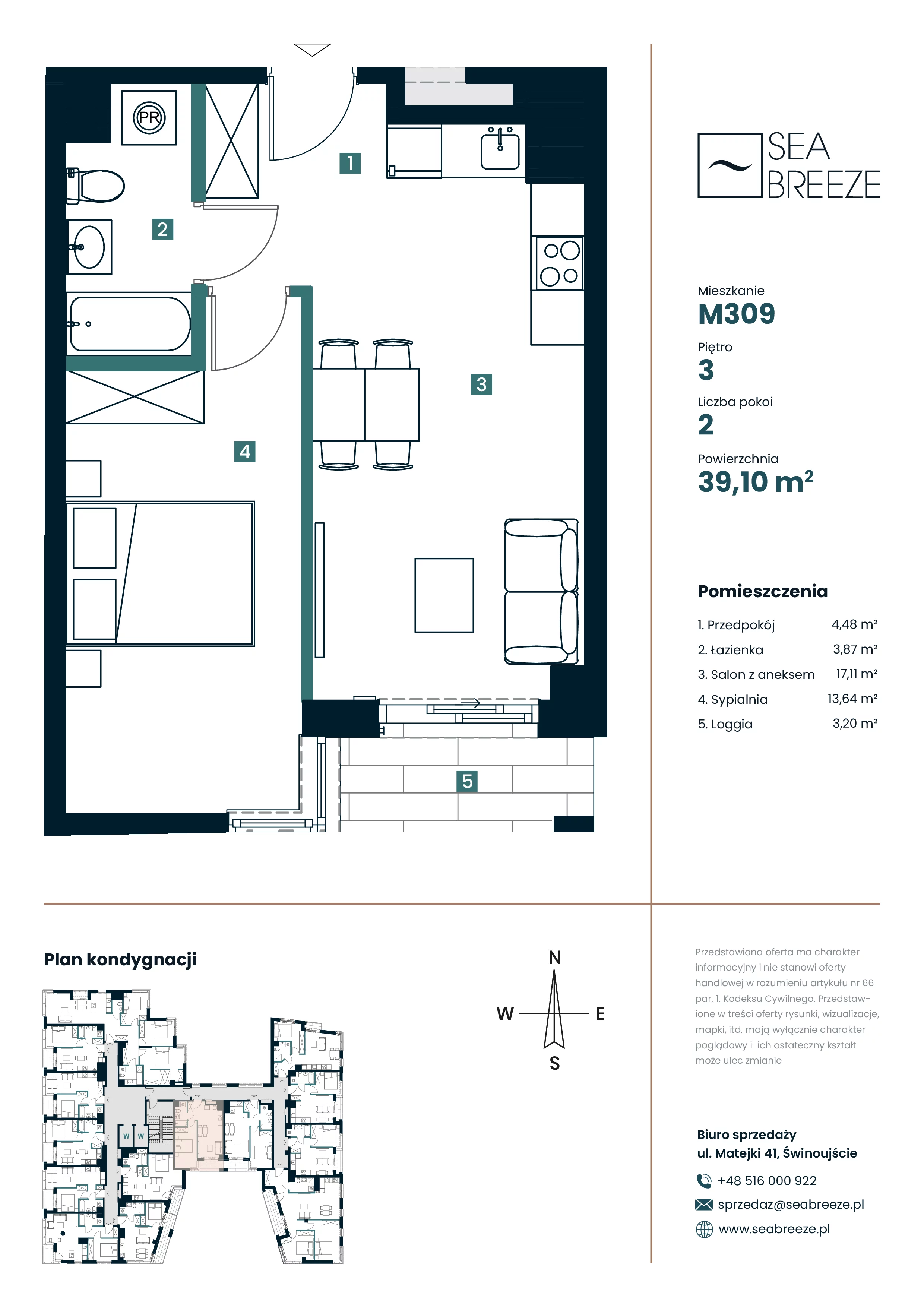 2 pokoje, mieszkanie 39,10 m², piętro 3, oferta nr M309, SeaBreeze, Świnoujście, Osiedle Matejki, ul. Jana Matejki 41