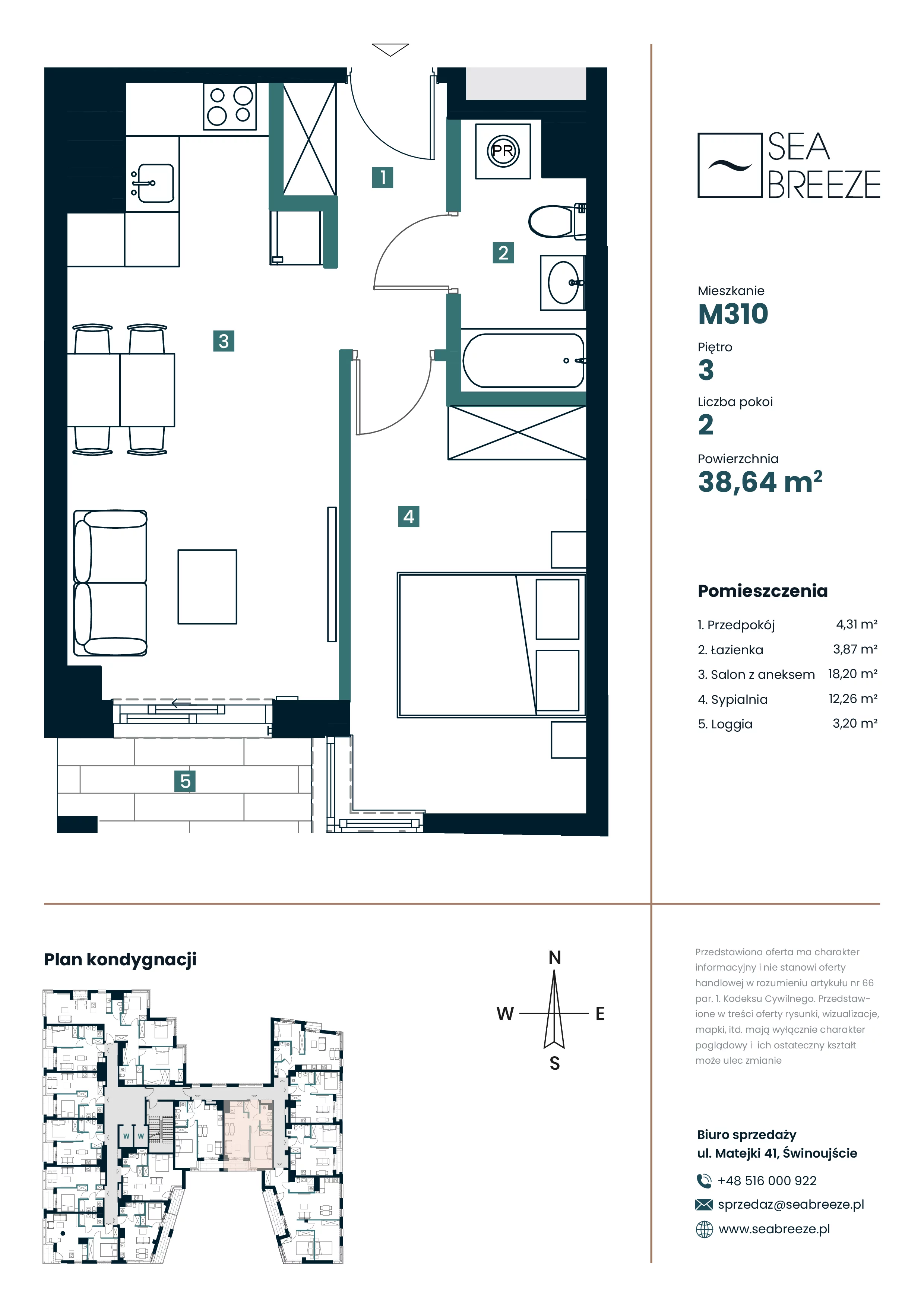 2 pokoje, mieszkanie 38,64 m², piętro 3, oferta nr M310, SeaBreeze, Świnoujście, Osiedle Matejki, ul. Jana Matejki 41