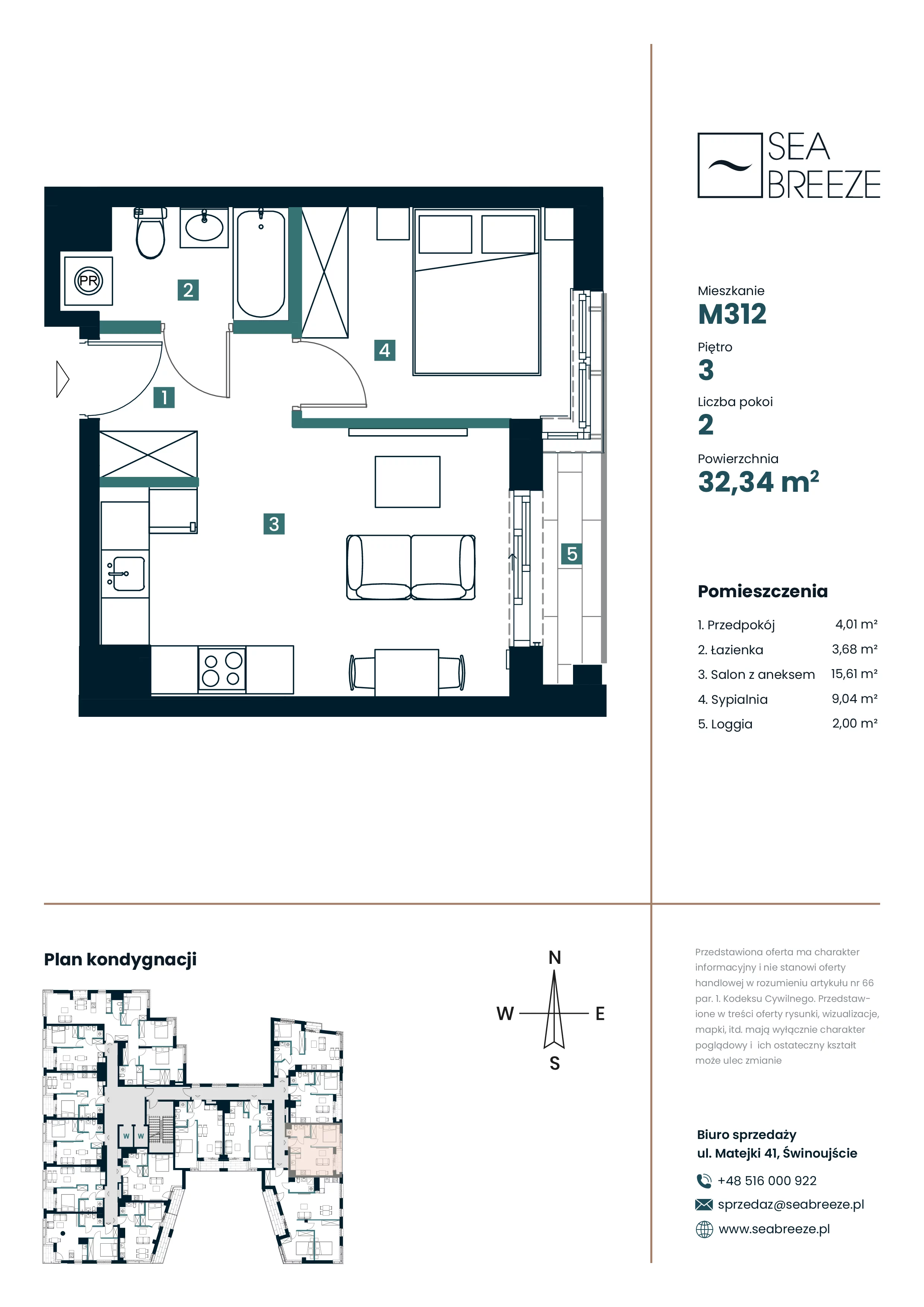 2 pokoje, mieszkanie 32,34 m², piętro 3, oferta nr M312, SeaBreeze, Świnoujście, Osiedle Matejki, ul. Jana Matejki 41