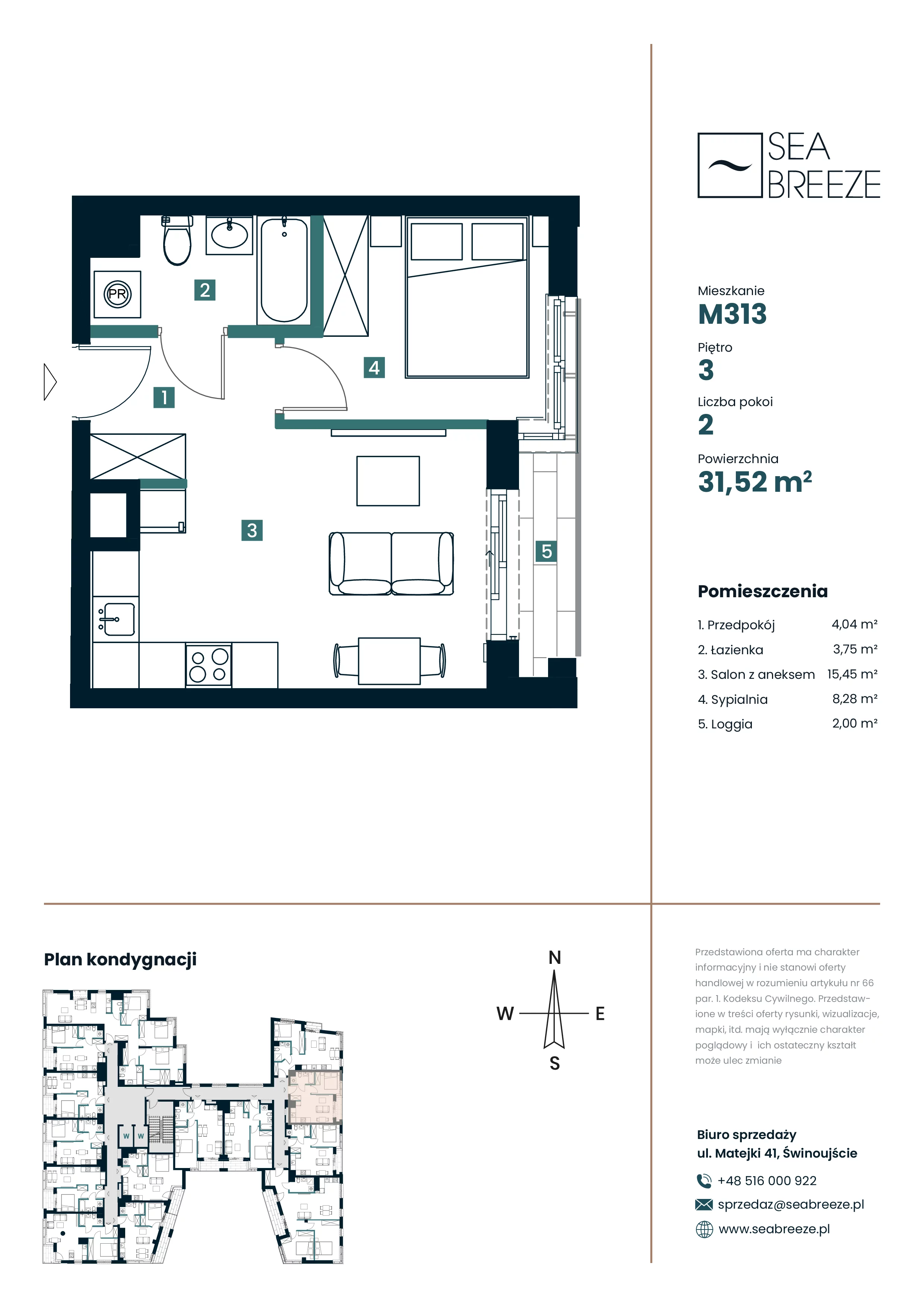 2 pokoje, mieszkanie 31,52 m², piętro 3, oferta nr M313, SeaBreeze, Świnoujście, Osiedle Matejki, ul. Jana Matejki 41
