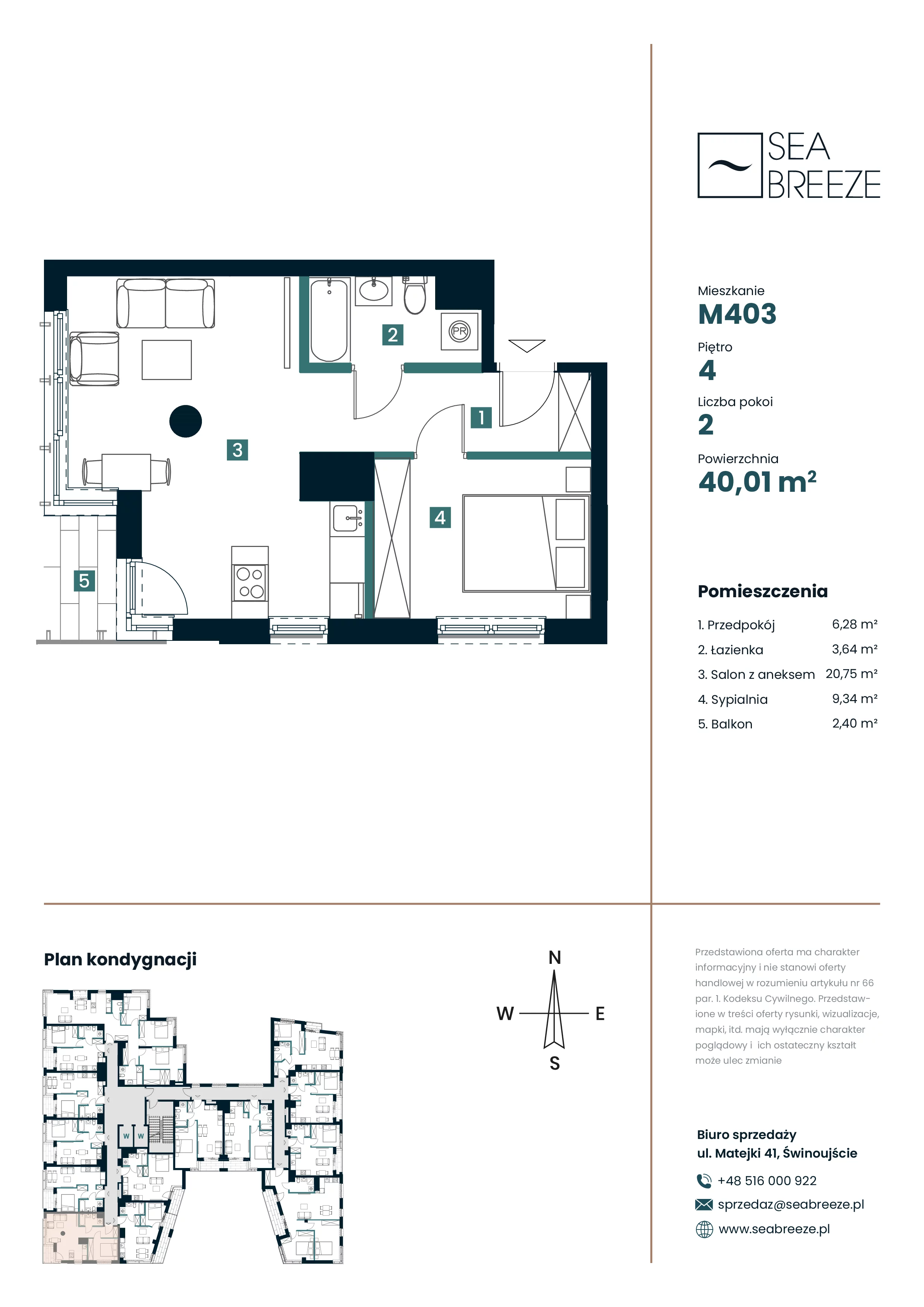 2 pokoje, mieszkanie 40,01 m², piętro 4, oferta nr M403, SeaBreeze, Świnoujście, Osiedle Matejki, ul. Jana Matejki 41