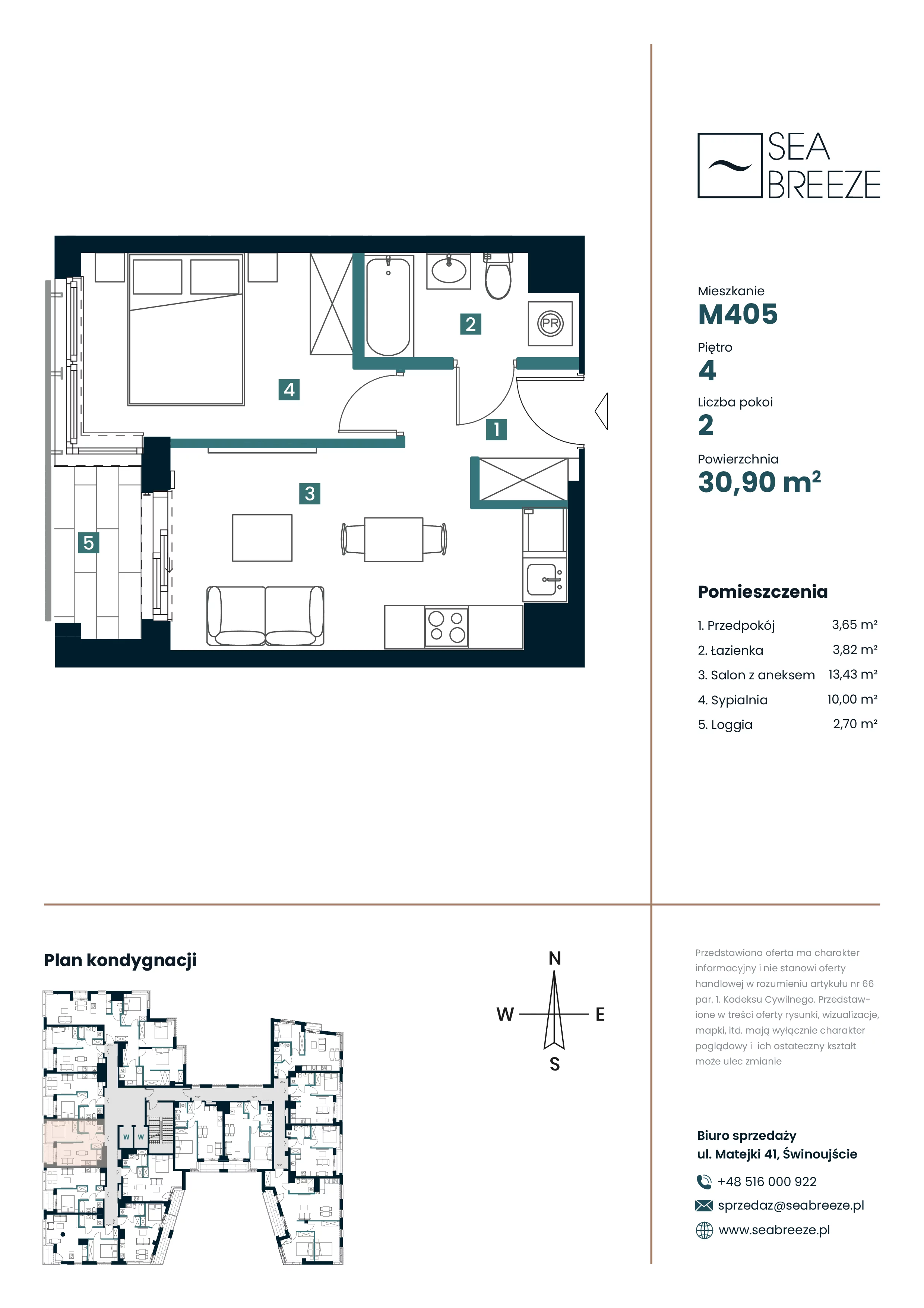 2 pokoje, mieszkanie 30,90 m², piętro 4, oferta nr M405, SeaBreeze, Świnoujście, Osiedle Matejki, ul. Jana Matejki 41