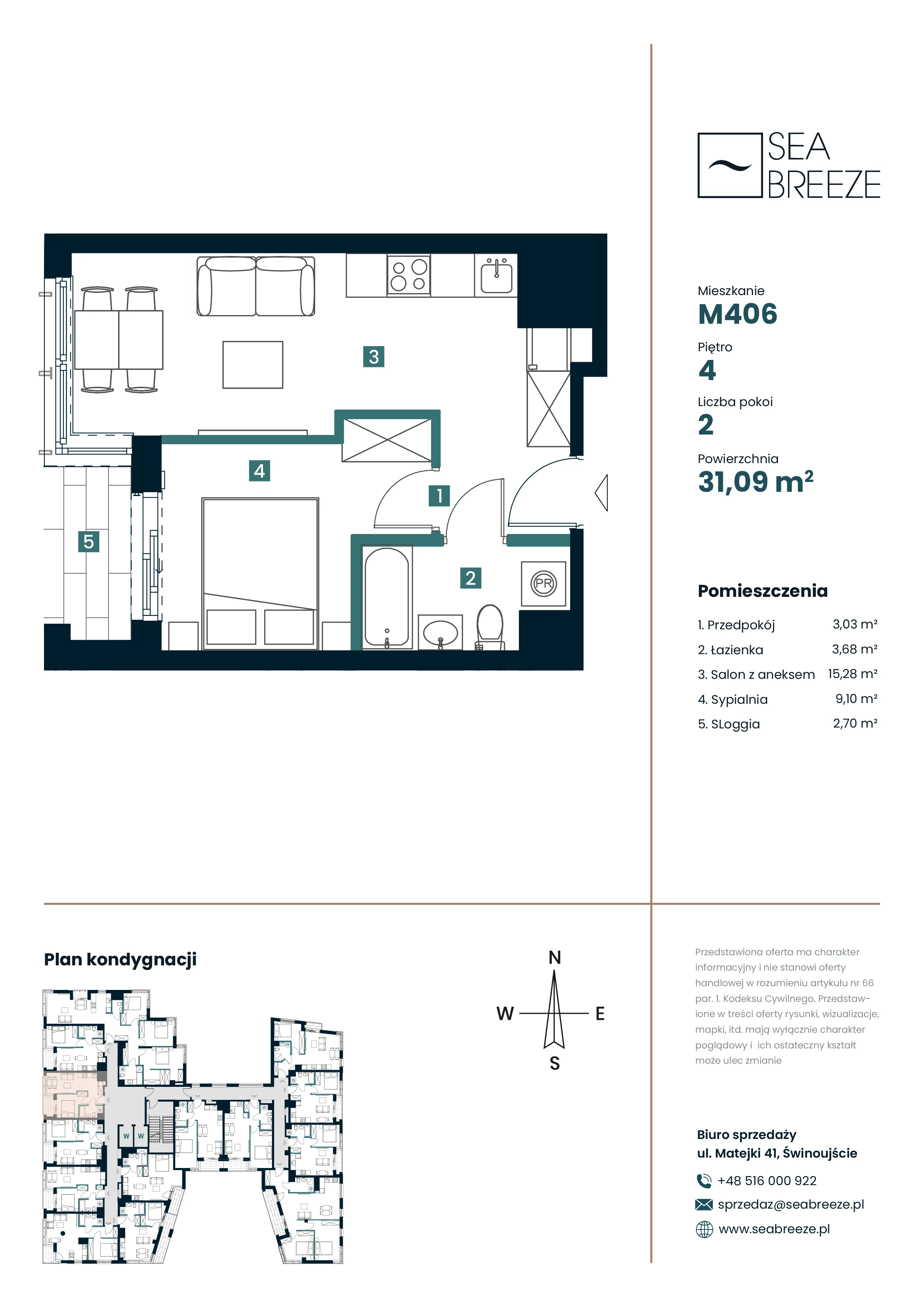 2 pokoje, mieszkanie 31,09 m², piętro 4, oferta nr M406, SeaBreeze, Świnoujście, Osiedle Matejki, ul. Jana Matejki 41