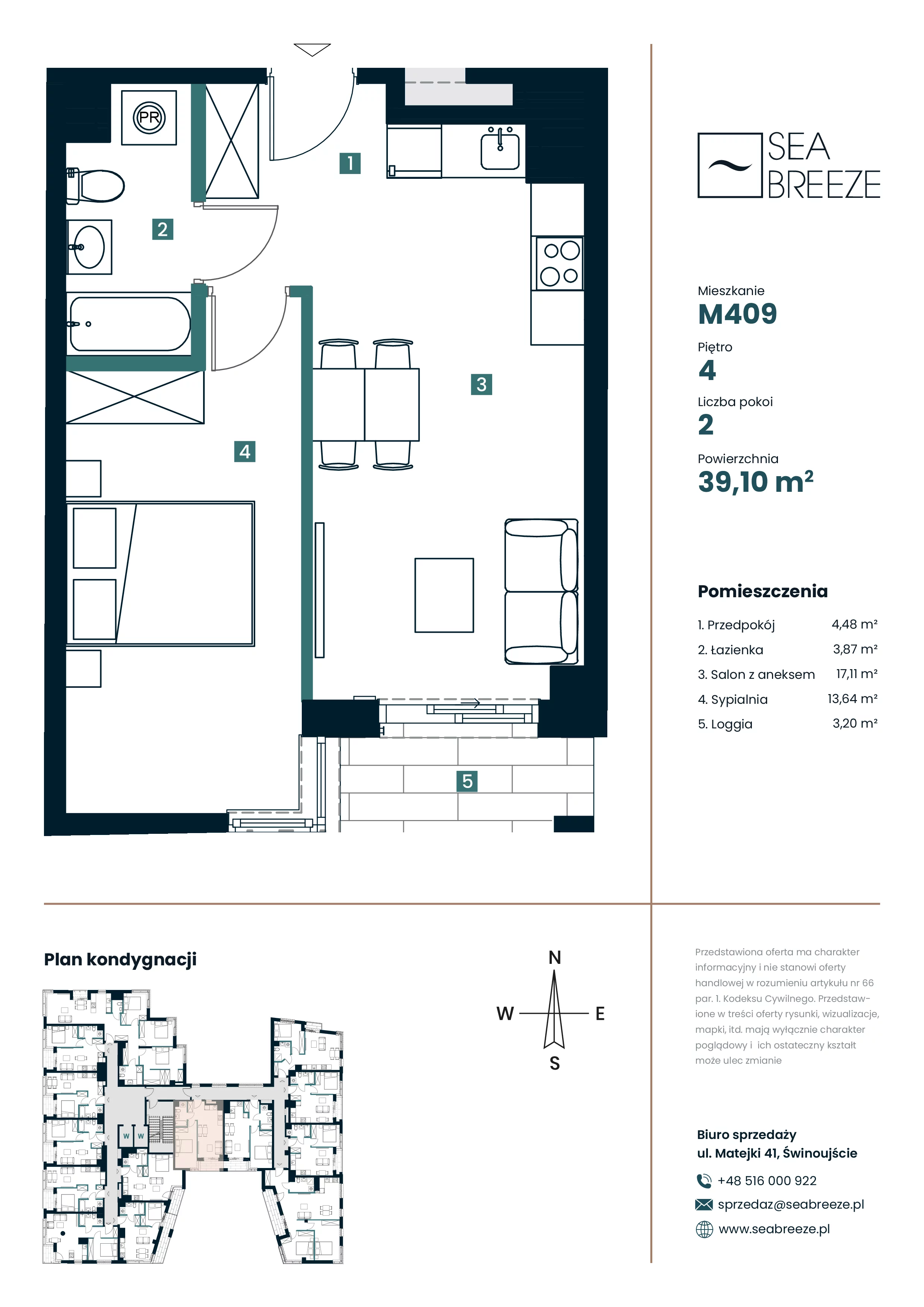 2 pokoje, mieszkanie 39,10 m², piętro 4, oferta nr M409, SeaBreeze, Świnoujście, Osiedle Matejki, ul. Jana Matejki 41